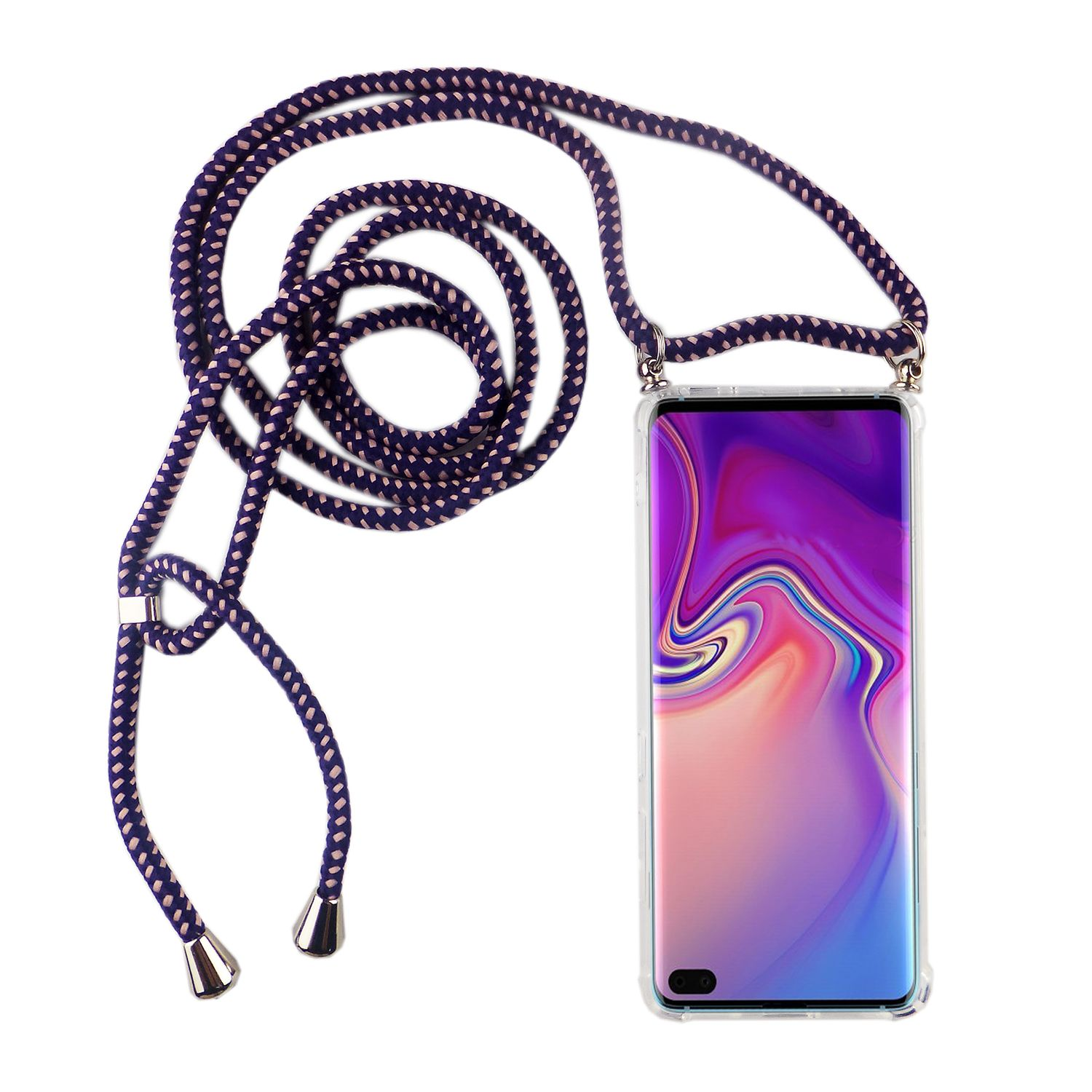 Telefon mit Umhängeband. Lila-weißes Seil, silberne Akzente. Weißer Hintergrund.