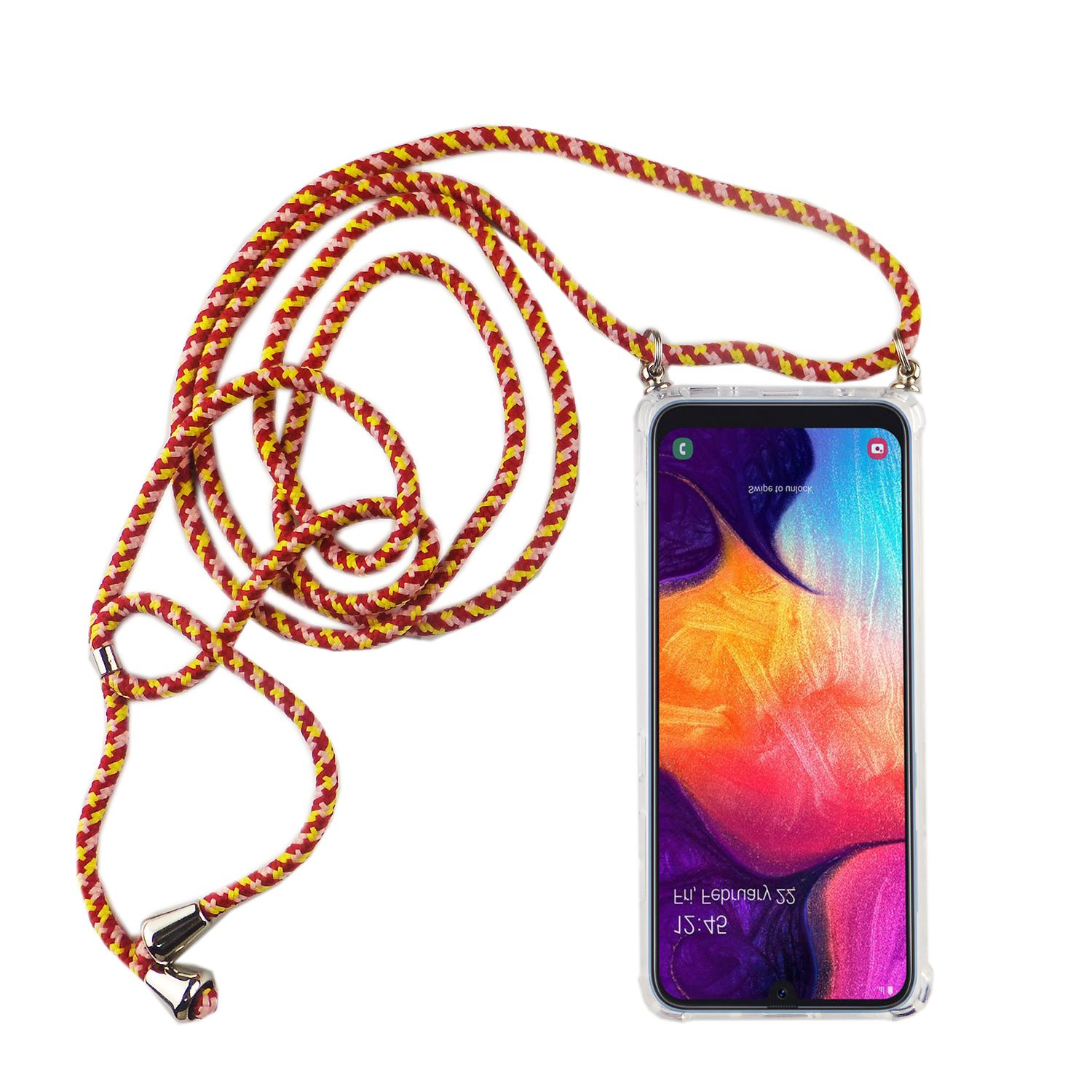 Ein Telefon mit einem Umhängeband. Das Umhängeband ist rot, gelb und rosa. Weißer Hintergrund.