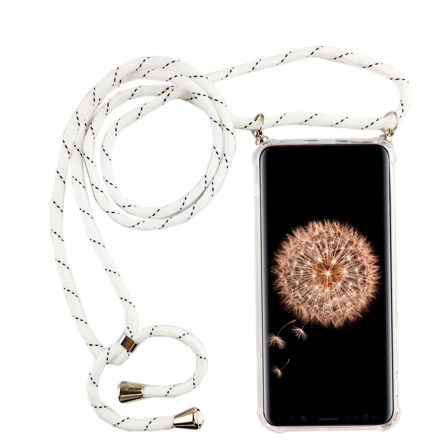 Telefon mit weißem Umhängeband. Der Bildschirm zeigt ein Pusteblumen-Bild. Das Umhängeband ist um das Telefon.