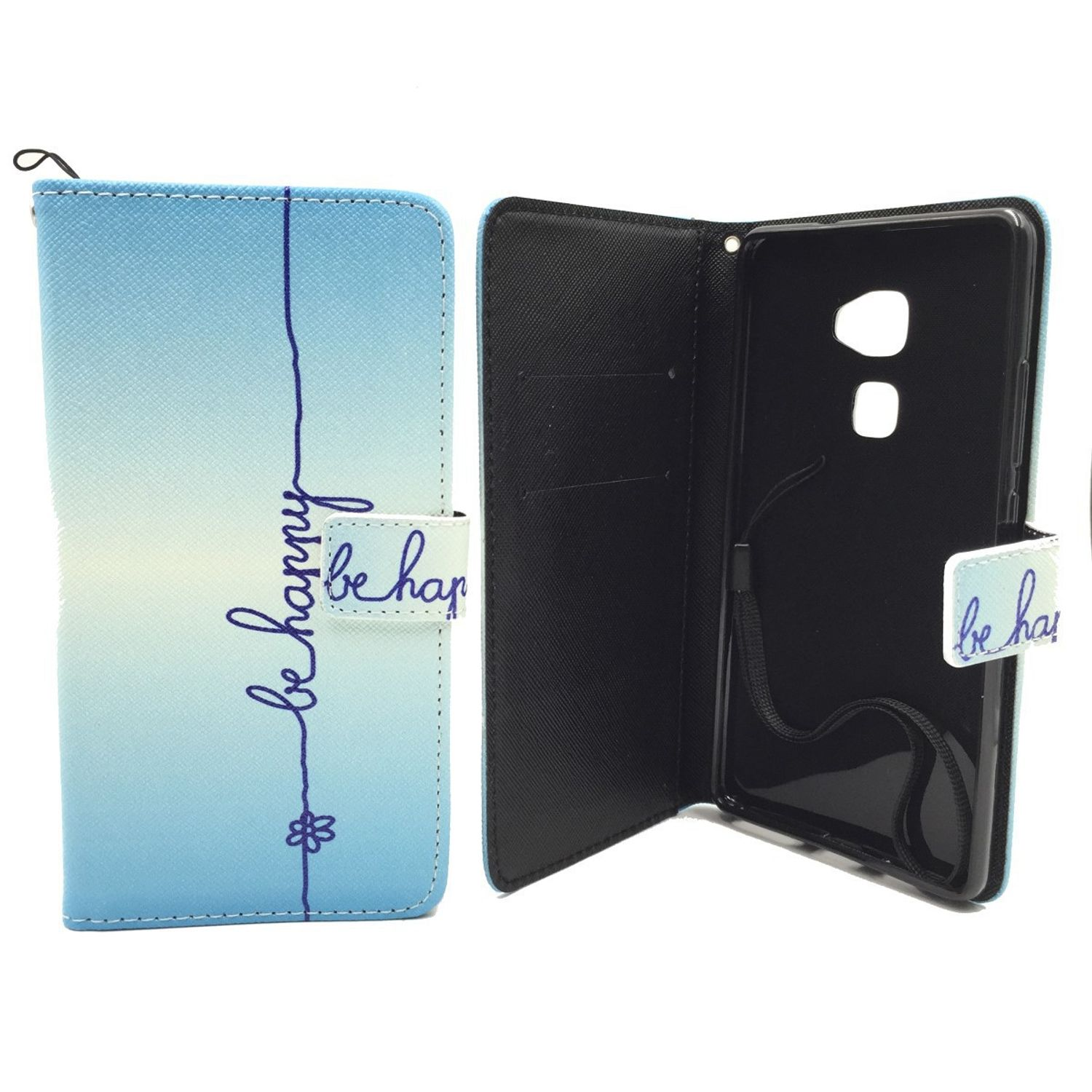 Geöffnete Handyhülle, mit "be happy" auf der Vorderseite geschrieben. Innen schwarz, Deckel blau.