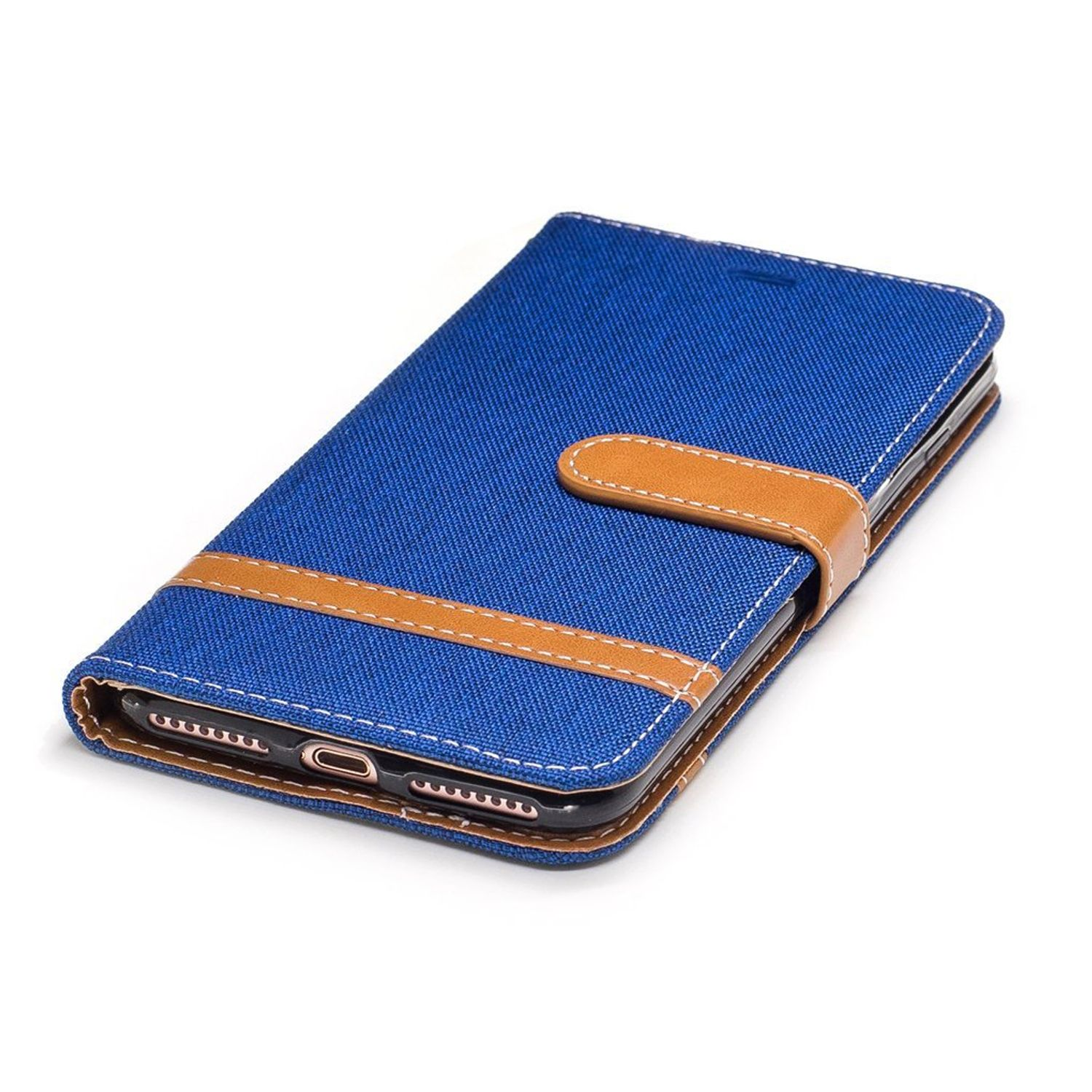 Blaue Handyhülle mit braunen Akzenten. Das Telefon ist nicht sichtbar.