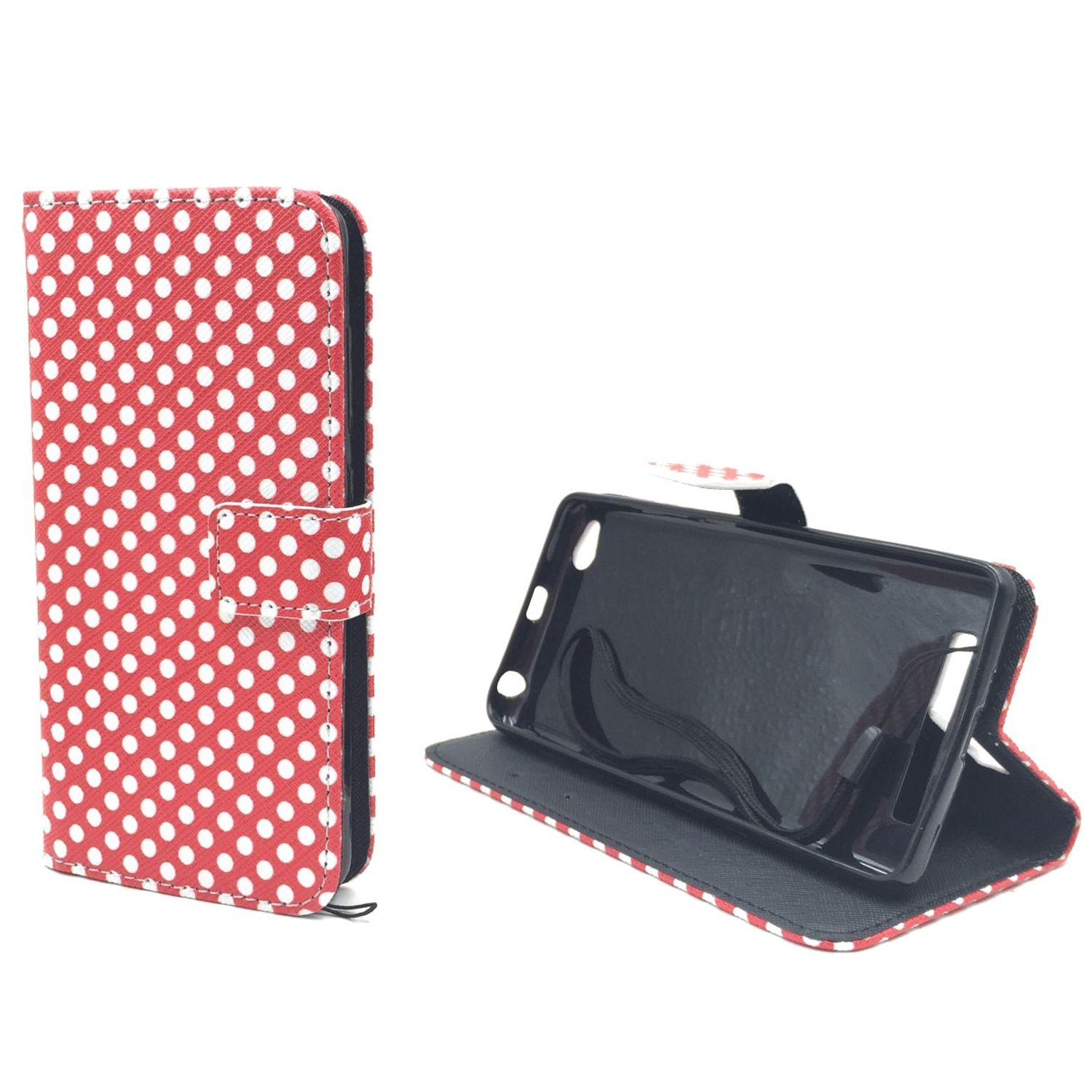 Rote Polka-Dot-Handyhülle, geöffnet, um ein Telefon im Inneren zu zeigen.