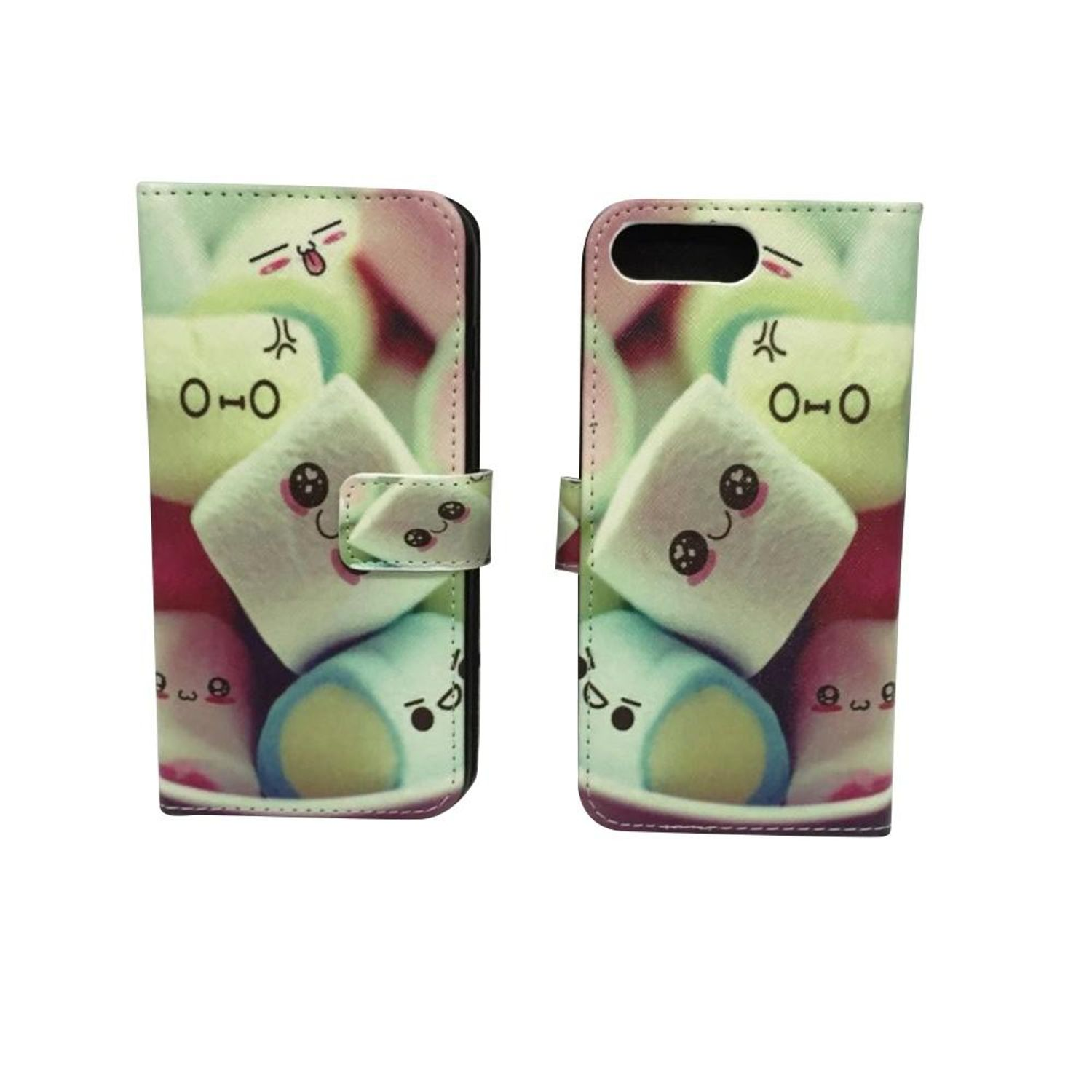 Geöffnete Handyhülle mit Cartoon-Marshmallow-Design auf Vorder- und Rückseite, weißer Hintergrund.