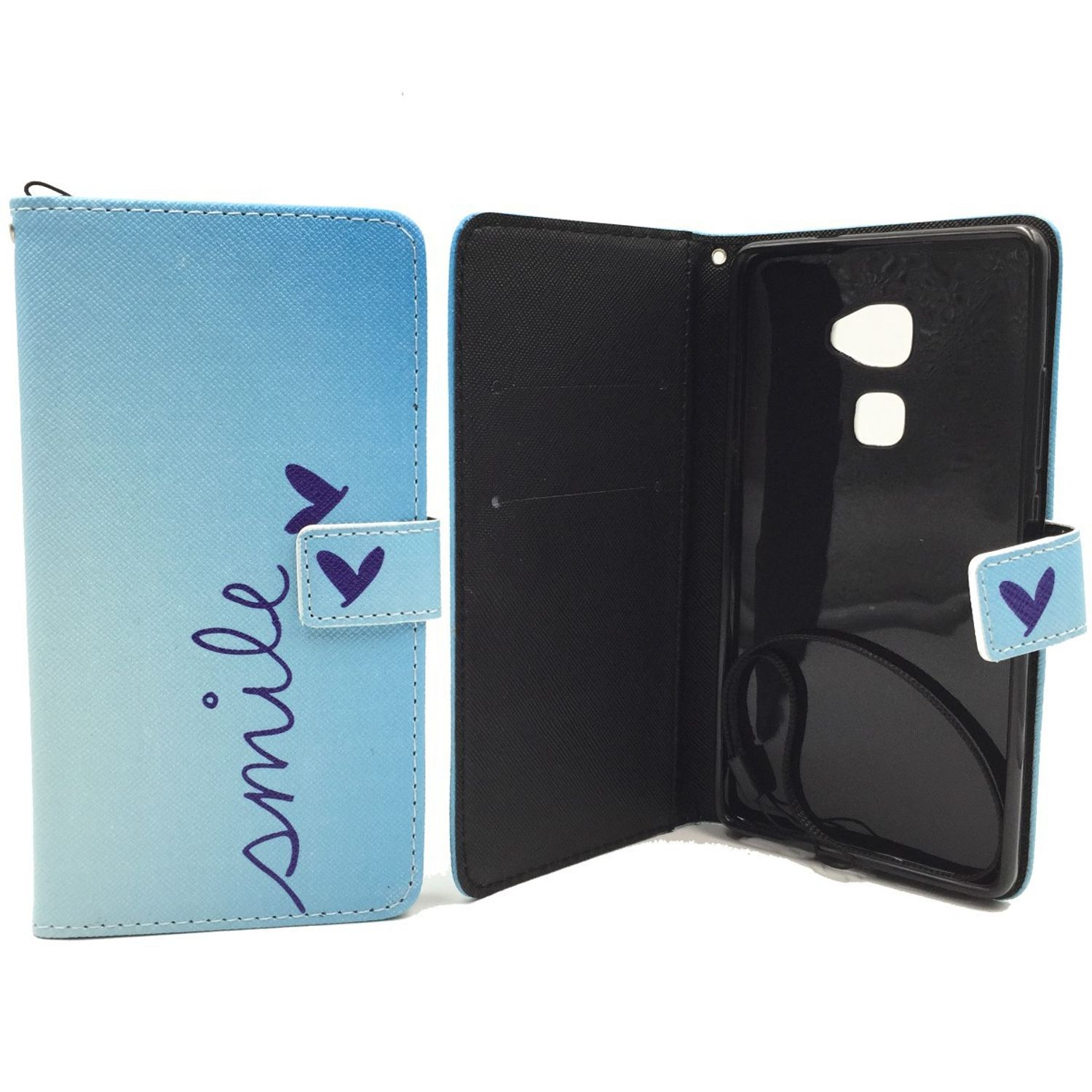 Blaue Smartphone-Hülle offen, mit Smile-Design und schwarzem Telefon innen.