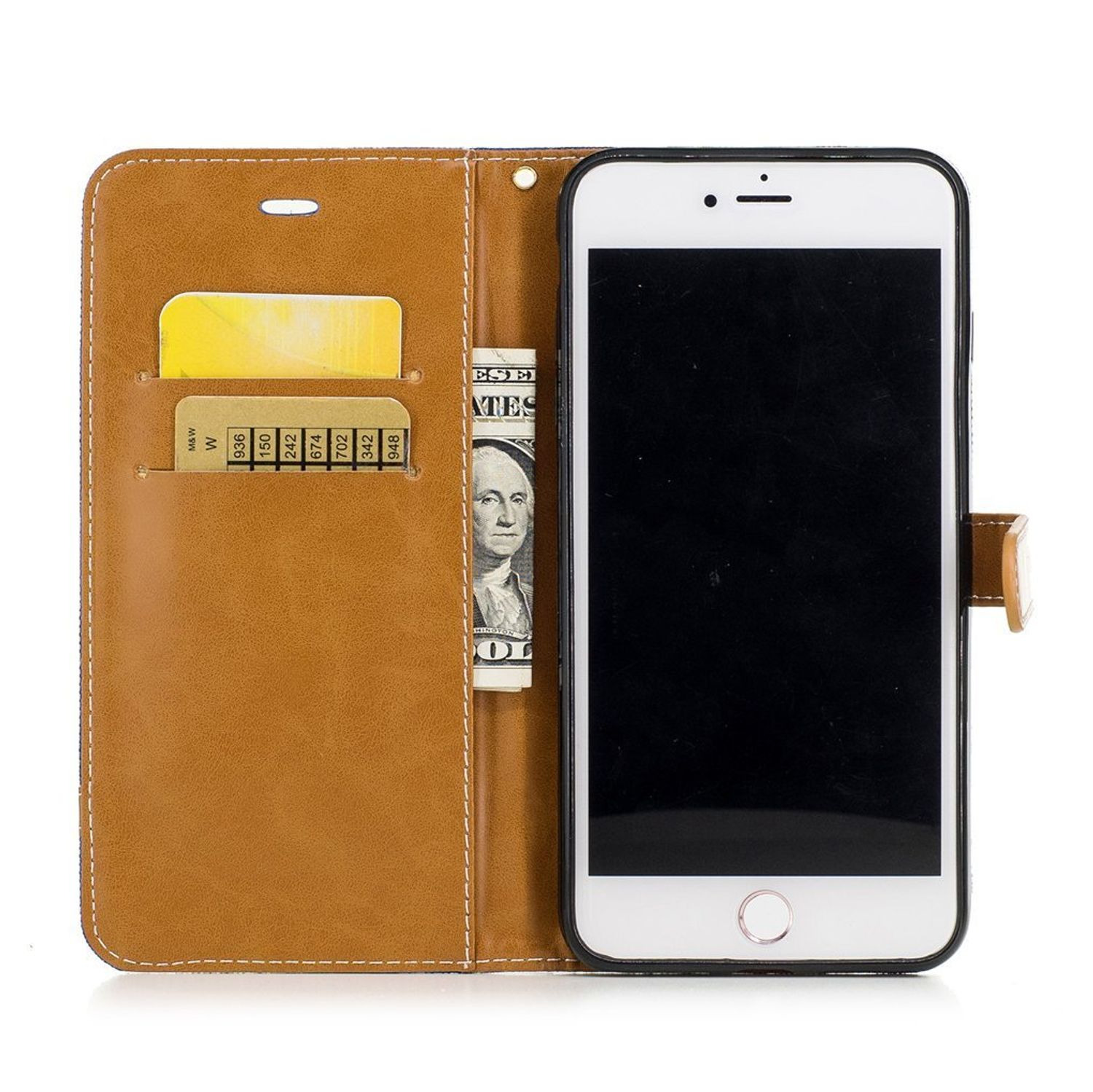 Braune Handyhülle geöffnet mit Telefon, Bargeld und Karten sichtbar.