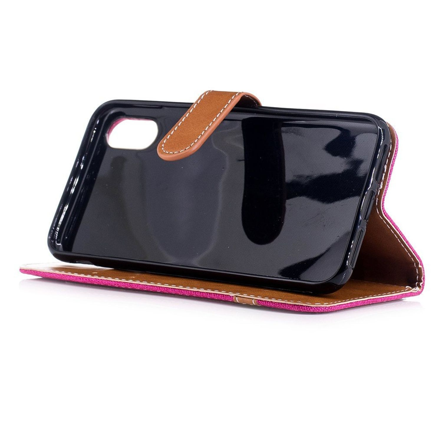 Schwarzes Telefon in einer rosa und braunen Hülle mit braunem Riemen.