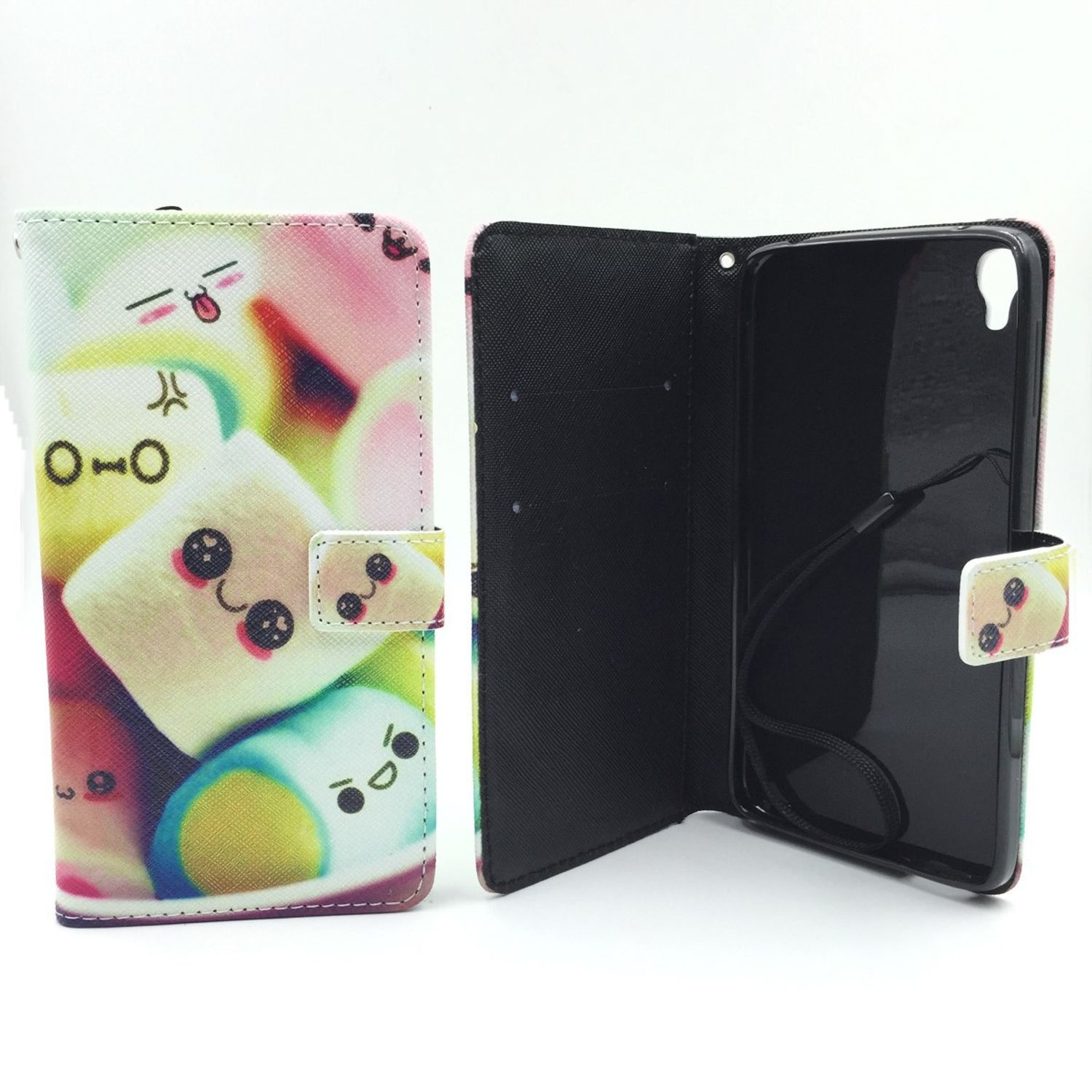 Pinkfarbene und bunte Handyhülle mit Marshmallow-Design, offen gezeigt.