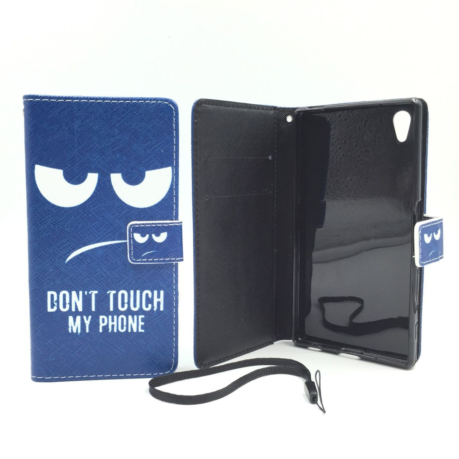 Blaue Handyhülle mit wütendem Gesicht, Text: Don't Touch My Phone. Weißer Hintergrund.