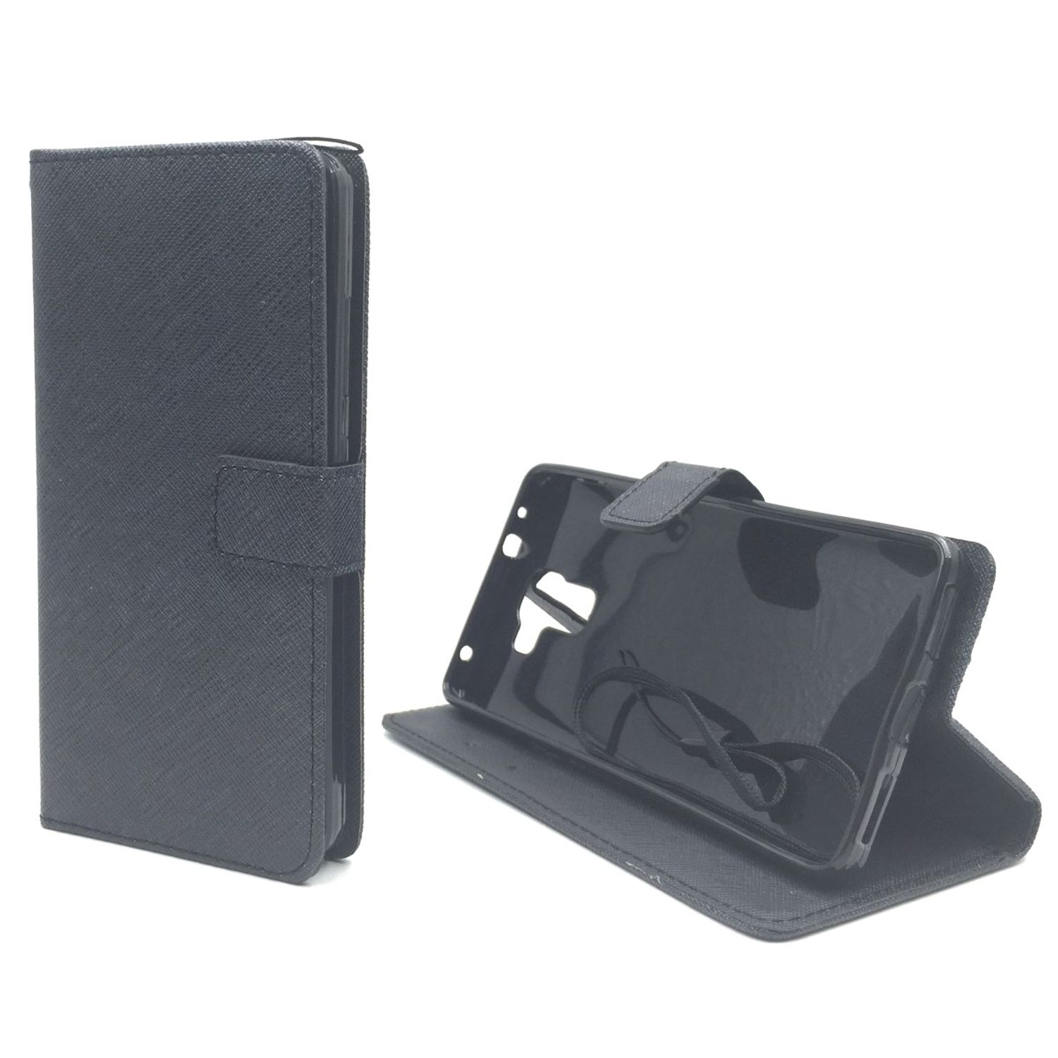 Eine geschlossene schwarze Handyhülle und eine offene Hülle mit Telefon.