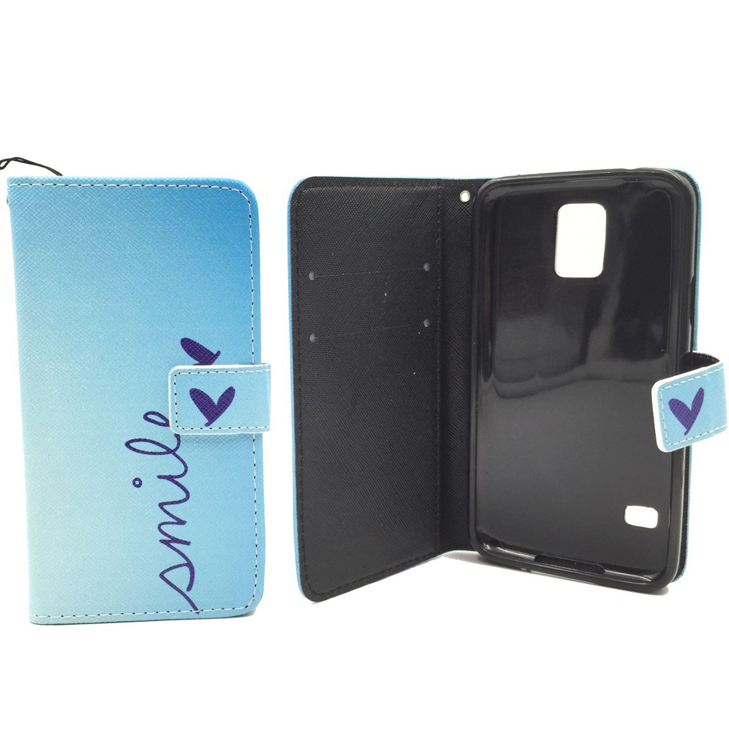 Blaues und hellblaues Handycase mit 'smile'-Text und Herzdetails.