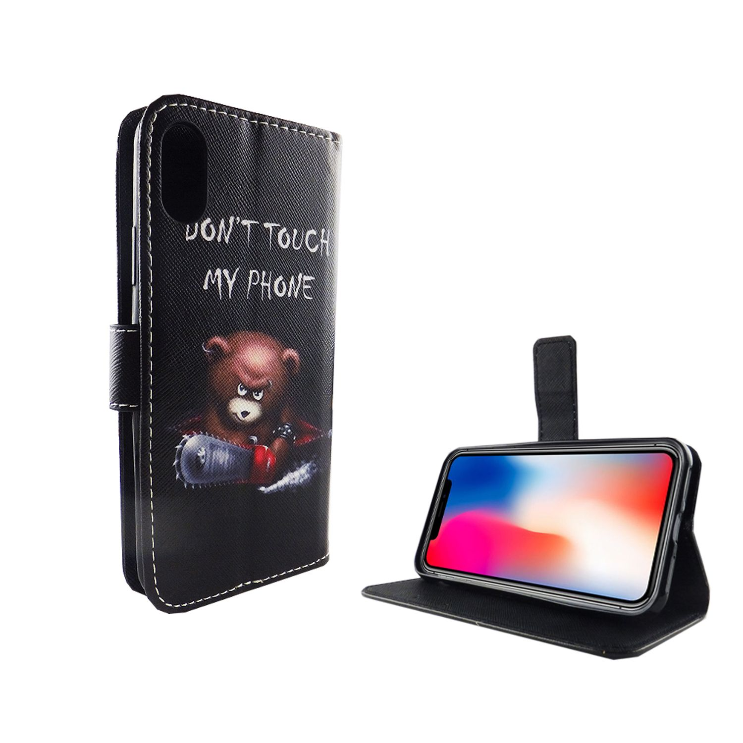 Handyhülle mit Bär, Kettensäge und dem Schriftzug „DON'T TOUCH MY PHONE“.