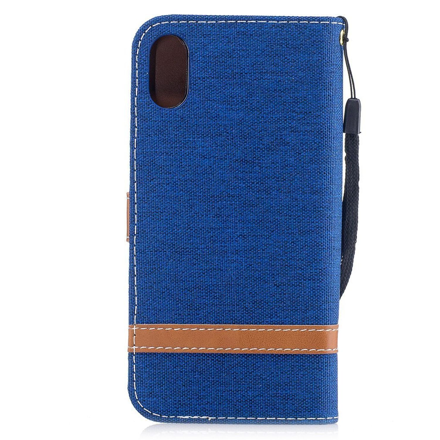 Blaue Handyhülle mit braunem Lederstreifen und Handschlaufe.