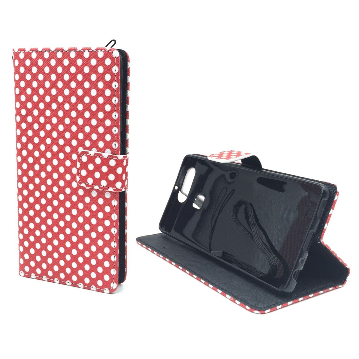 Rote Polka-Dot-Handyhülle, offen, mit schwarzem Telefonhalter, der innen zu sehen ist.