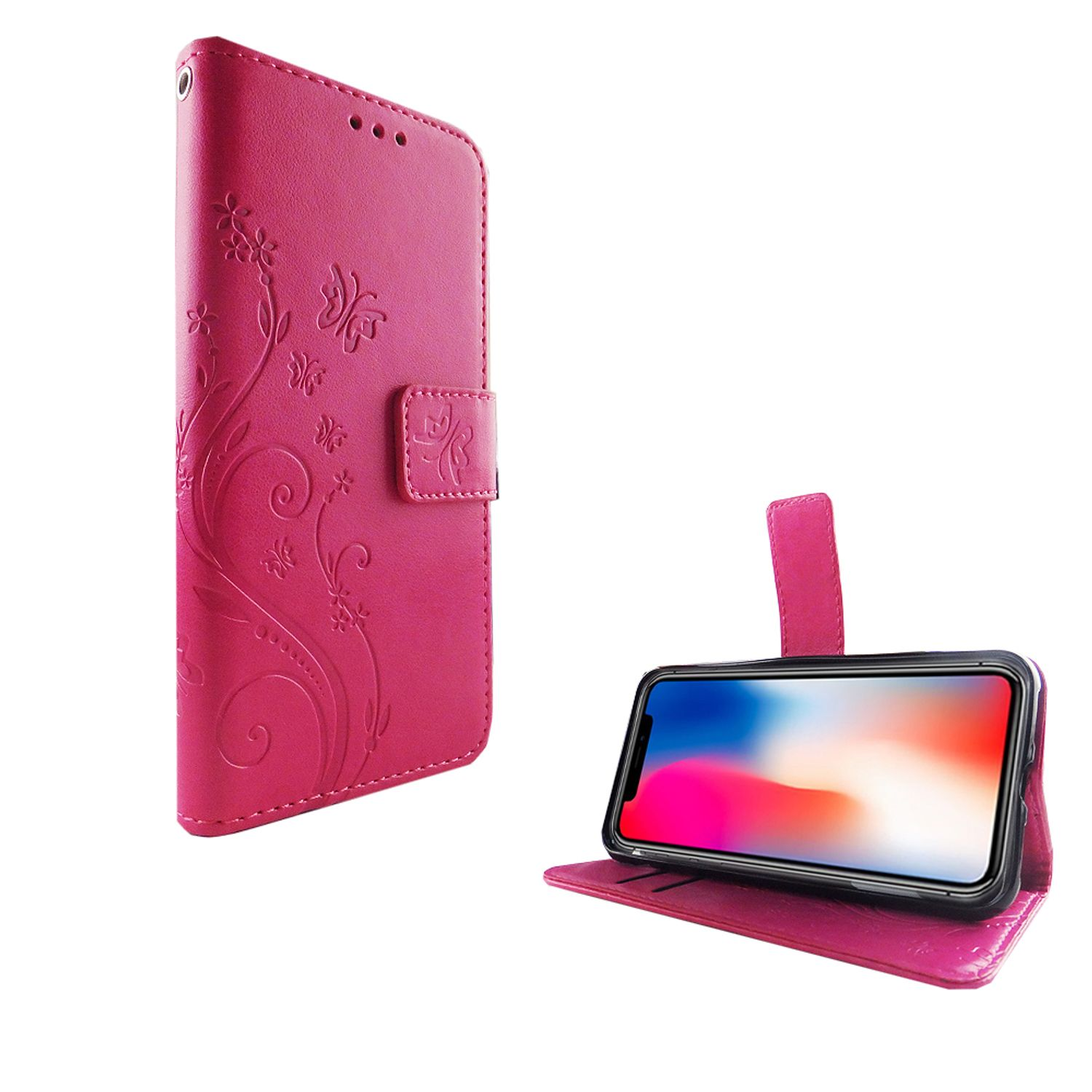 Rosa Handyhülle mit Blumendesign, mit einem Handy darin. Weißer Hintergrund.