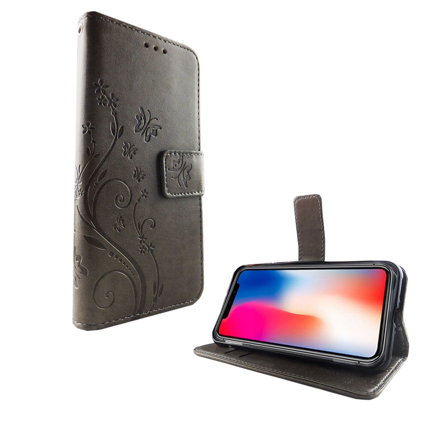 Graue Handyhülle mit floralem Design. Geöffnet, um ein Telefon zu zeigen. Weißer Hintergrund.