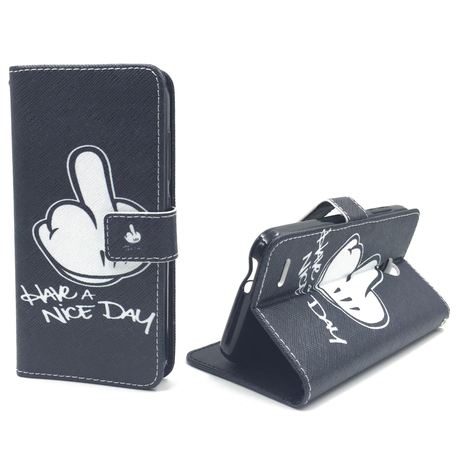 Eine Handyhülle mit Mittelfinger-Design. Das Telefon zeigt die Worte 'Have a nice day'.