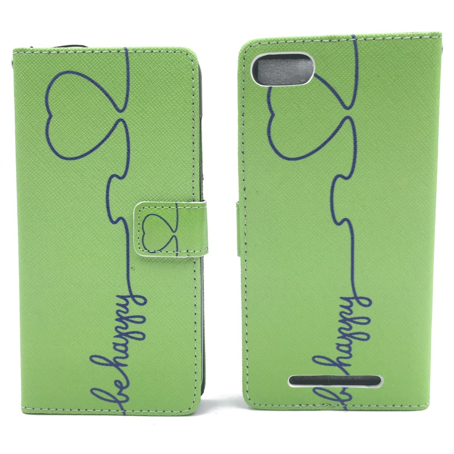 Eine grüne Handyhülle, offen und geschlossen, mit Herzen und den Worten 'be happy'.