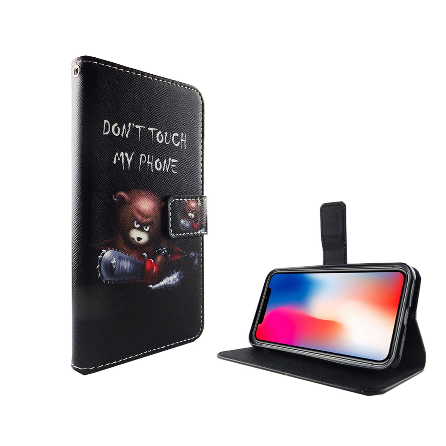 Schwarze Handyhülle mit einem Bären und dem Text "DON'T TOUCH MY PHONE". Weißer Hintergrund.