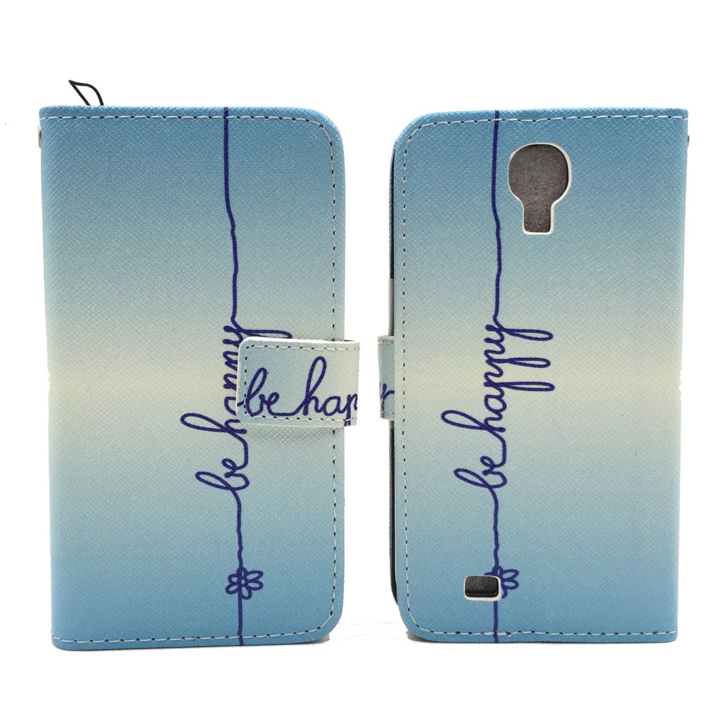 Blaue Handyhülle, offen. Innenraum zeigt Telefon, und die Hülle hat eine handschriftliche Nachricht. Weißer Hintergrund.
