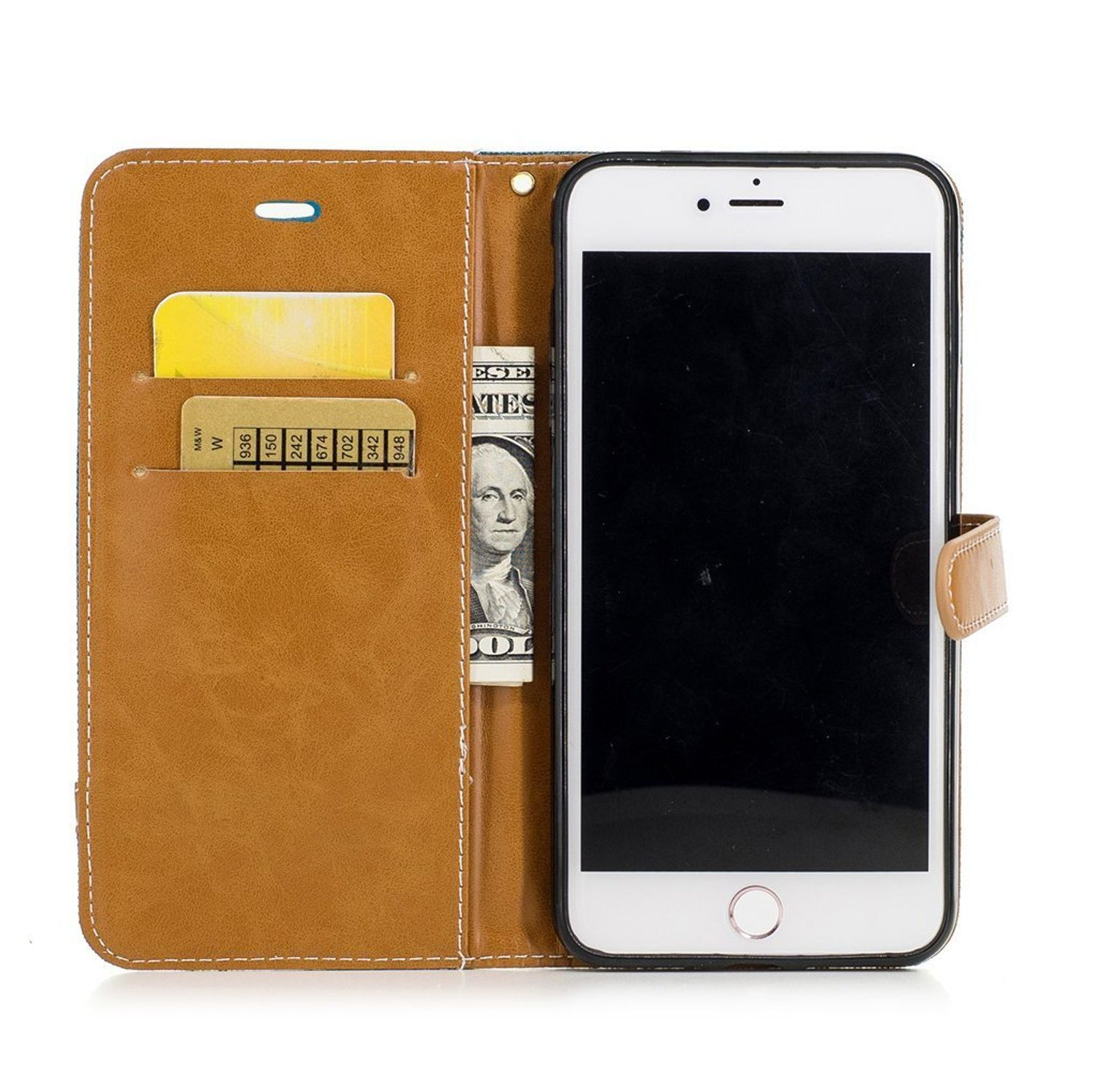 Telefon in einer braunen Brieftaschen-Hülle. Die Hülle hat Kartenfächer und Platz für Geld.