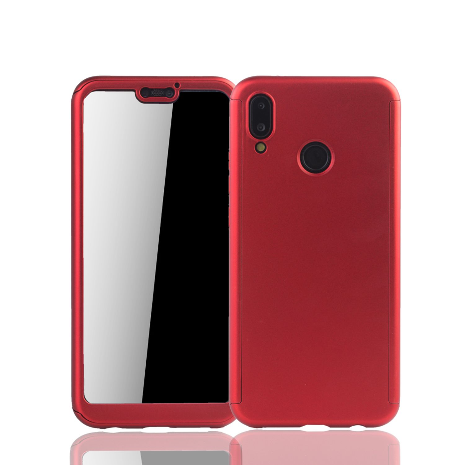 Rote Handyhülle, offen, mit einem Telefon darin, auf weißem Hintergrund.