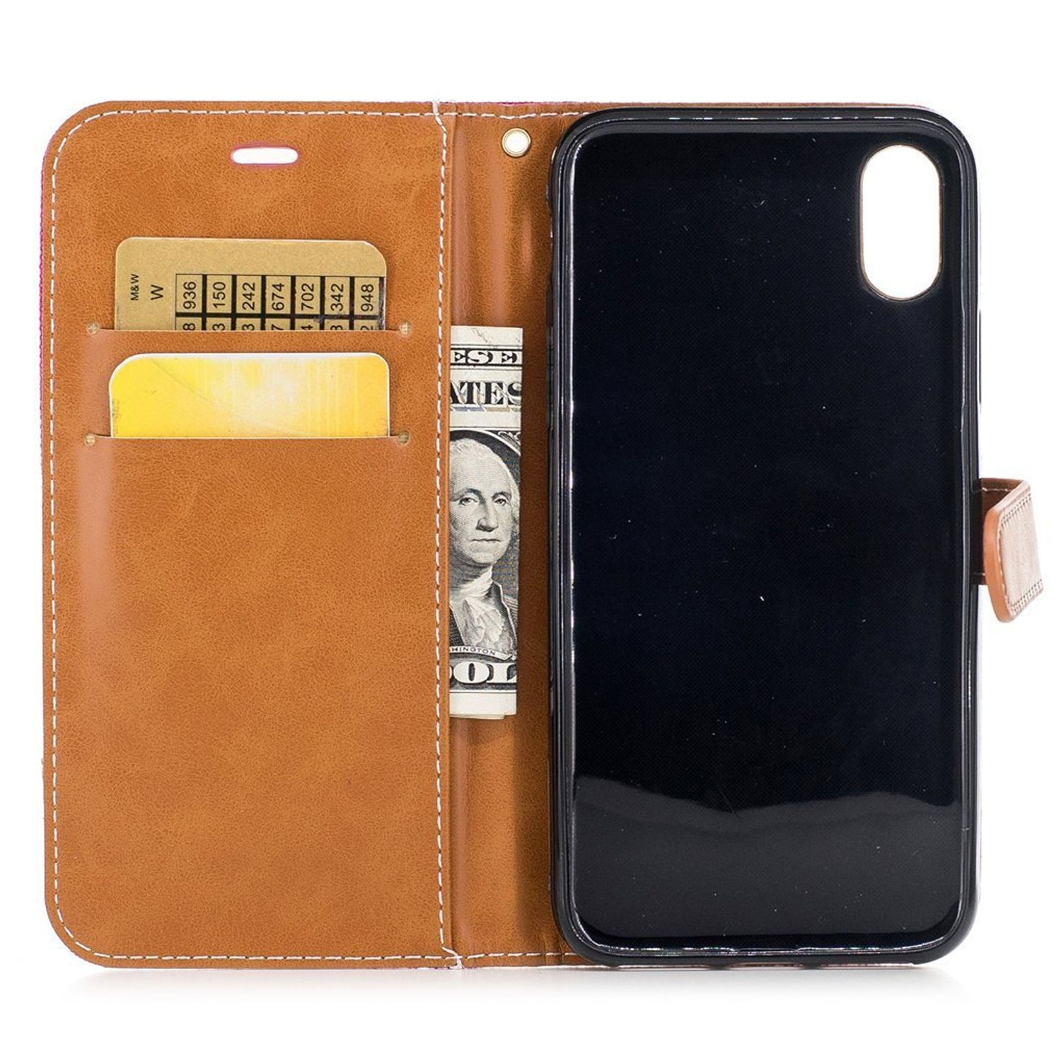 Geöffnete Handyhülle mit Karten, Geld und Telefon. Braun und schwarz.