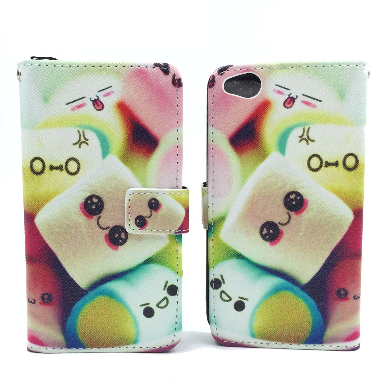 Geöffnete Handyhülle. Die Hülle ist mit Marshmallows mit Gesichtern gefüllt.