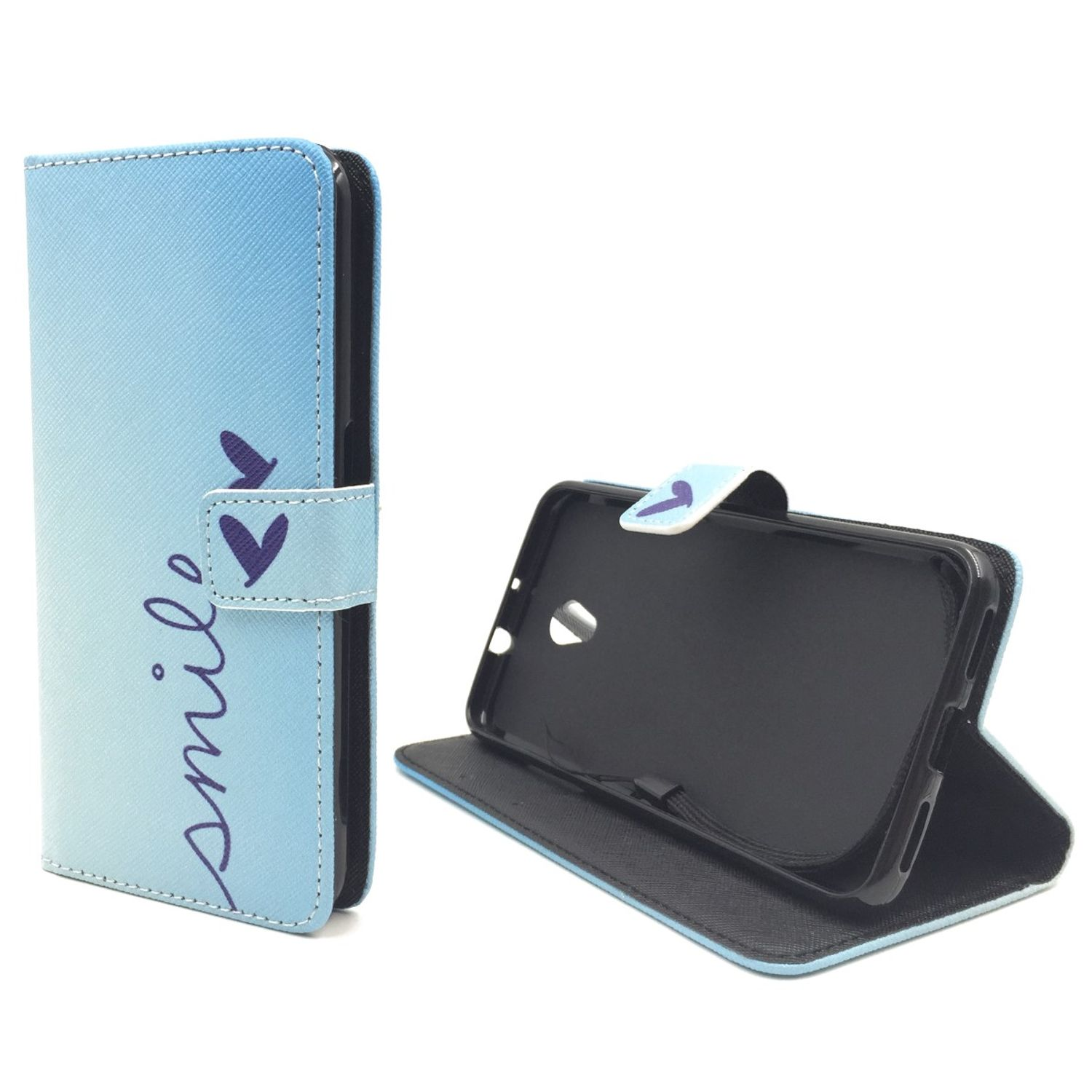 Blaues Handycase mit Farbverlauf und 'Smile'-Design. Geöffnet, mit Telefon im Inneren.