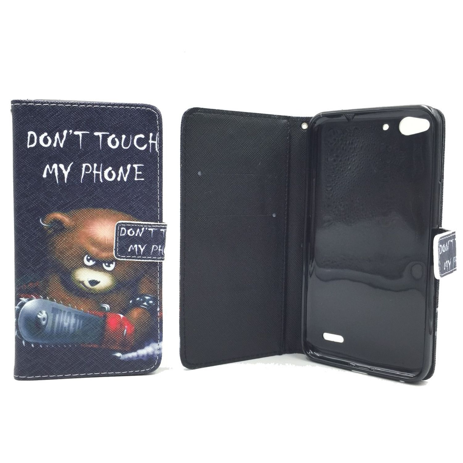 Geöffnete Handyhülle, Bären mit Text 'DON'T TOUCH MY PHONE'.