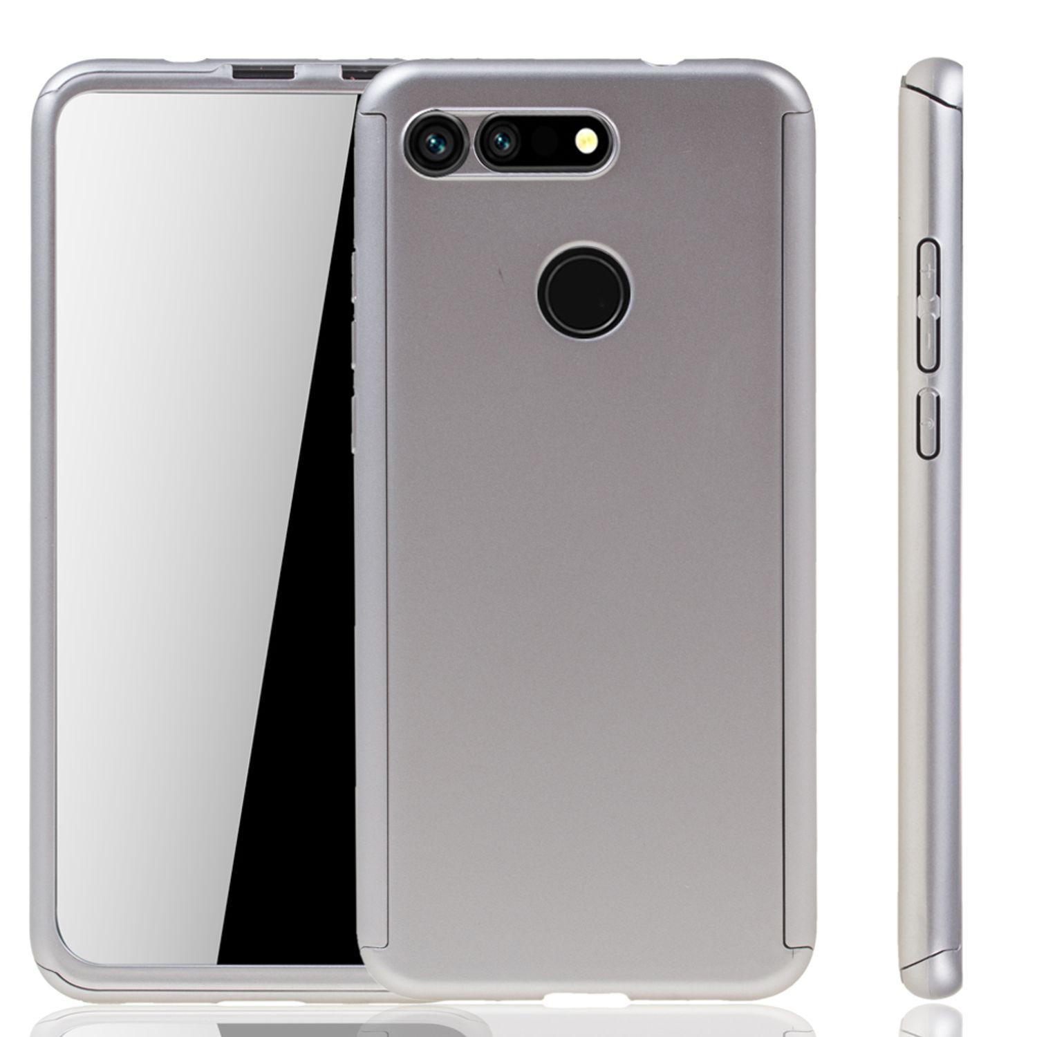 Silberne Handyhülle. Das Telefon befindet sich links, mit einem Spiegelbildschirm. Seitenansicht rechts.