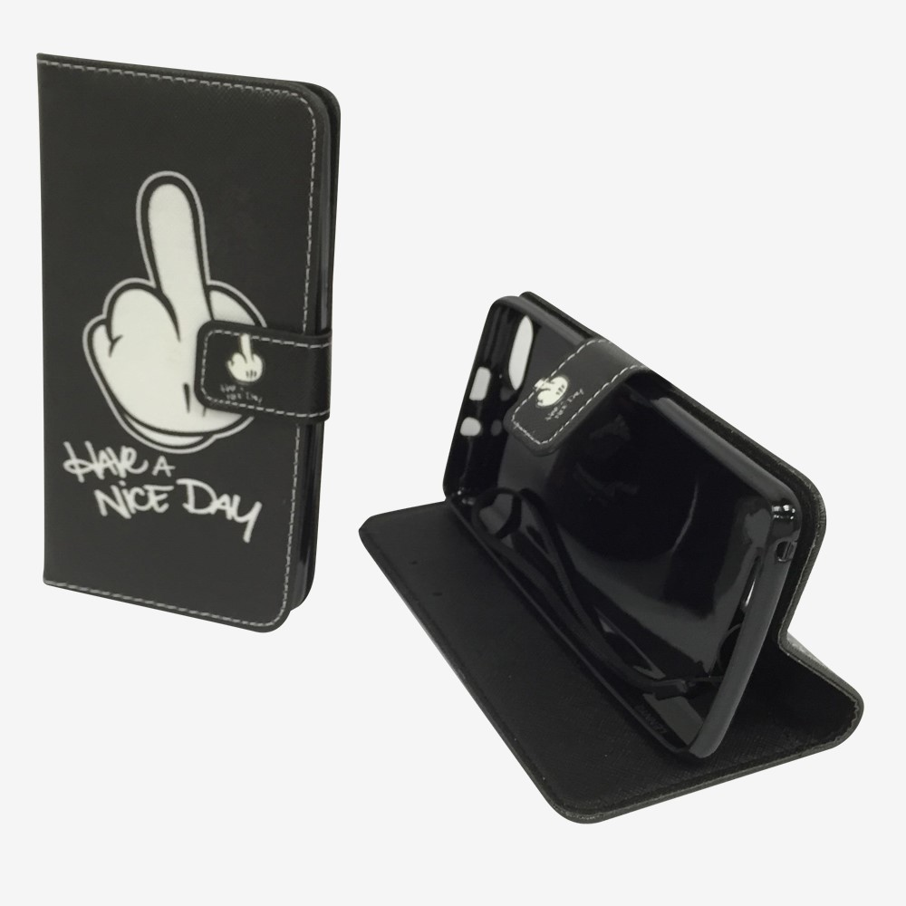 Schwarze Handyhülle mit weißer Mittelfinger-Grafik, offen und geschlossen. Weißer Hintergrund.