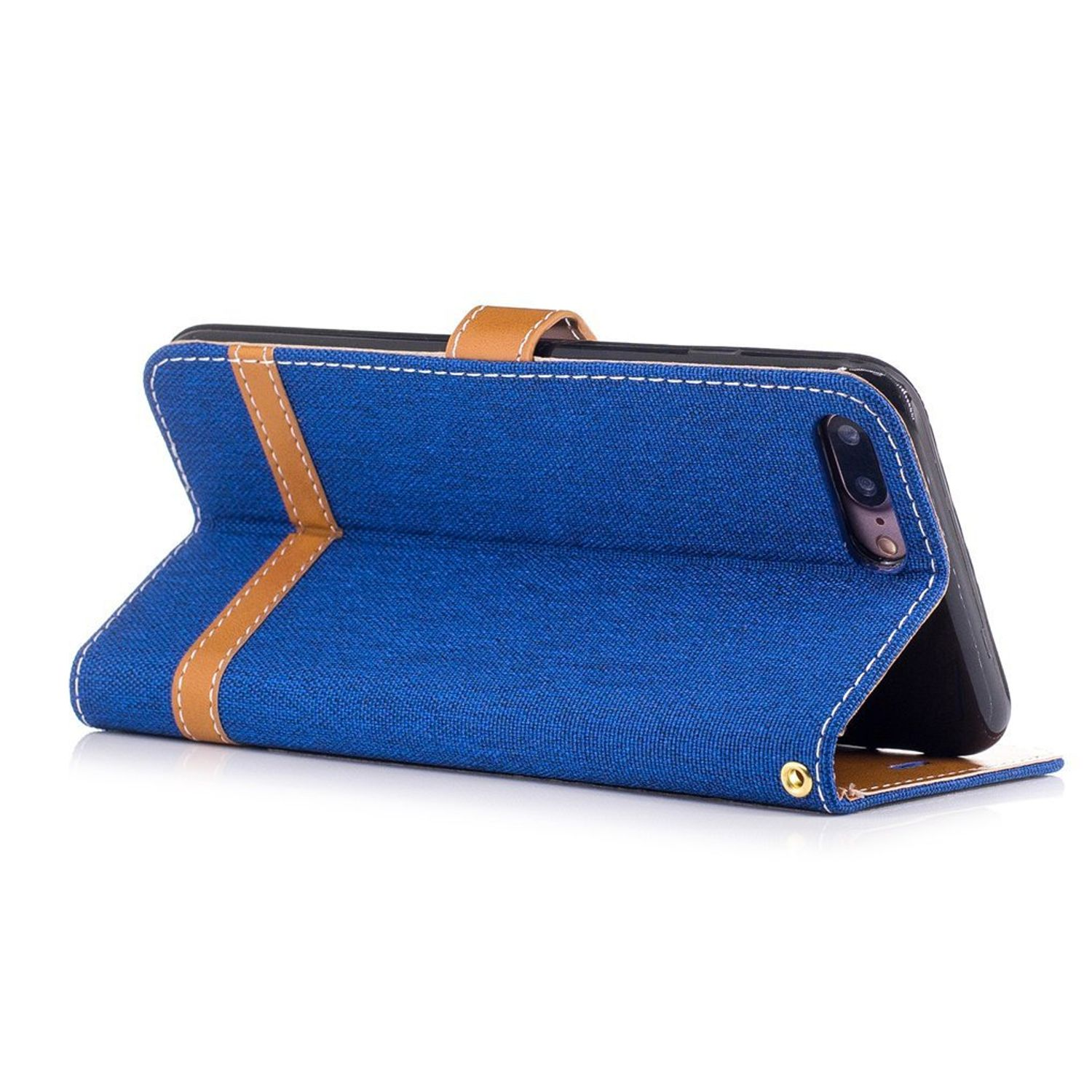 Blaue Handyhülle mit Denim-Textur. Es hat einen braunen Streifen und ein Telefon darin.