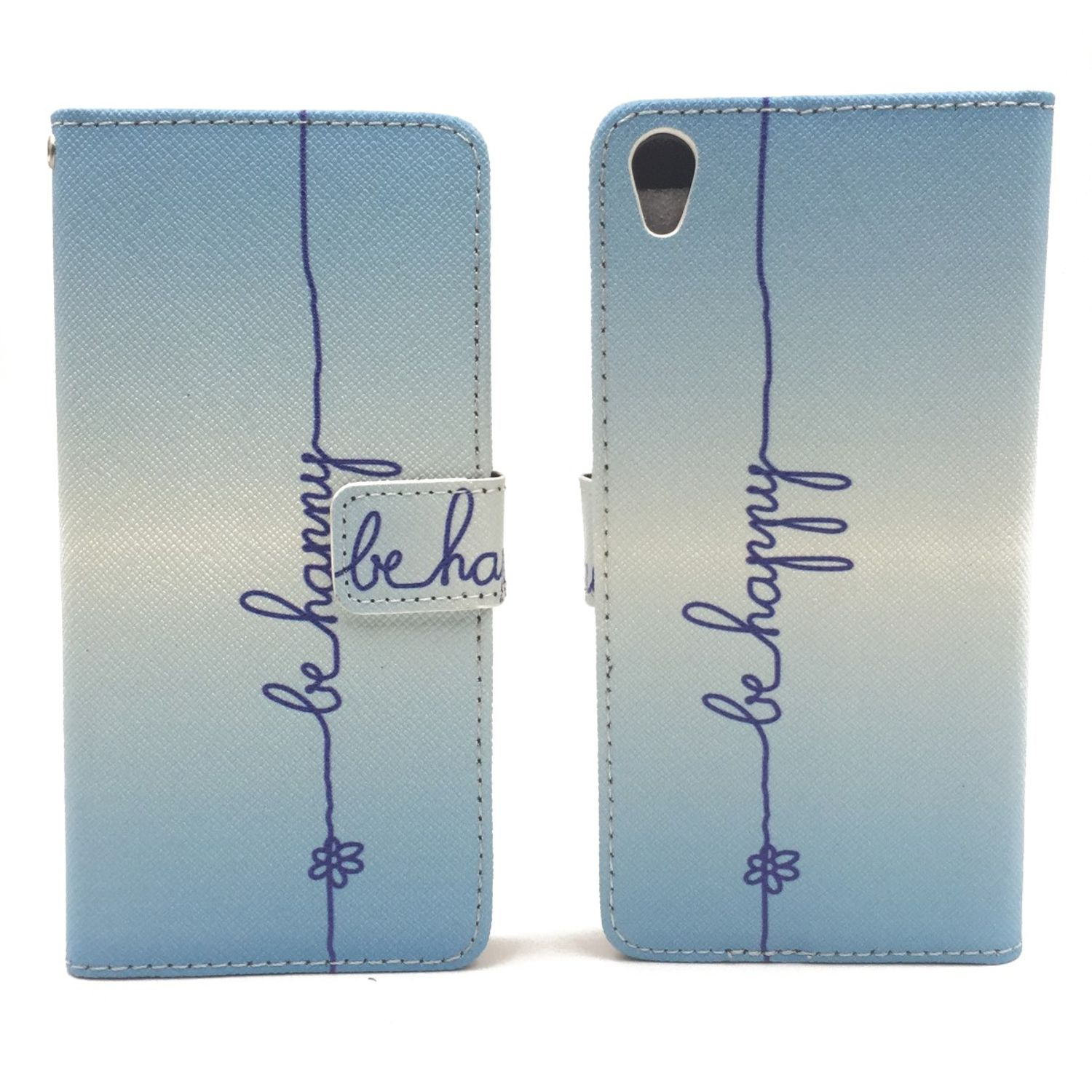 Blaue Handyhülle mit Text "be happy". Hülle geschlossen und offen. Gänseblümchen-Design.