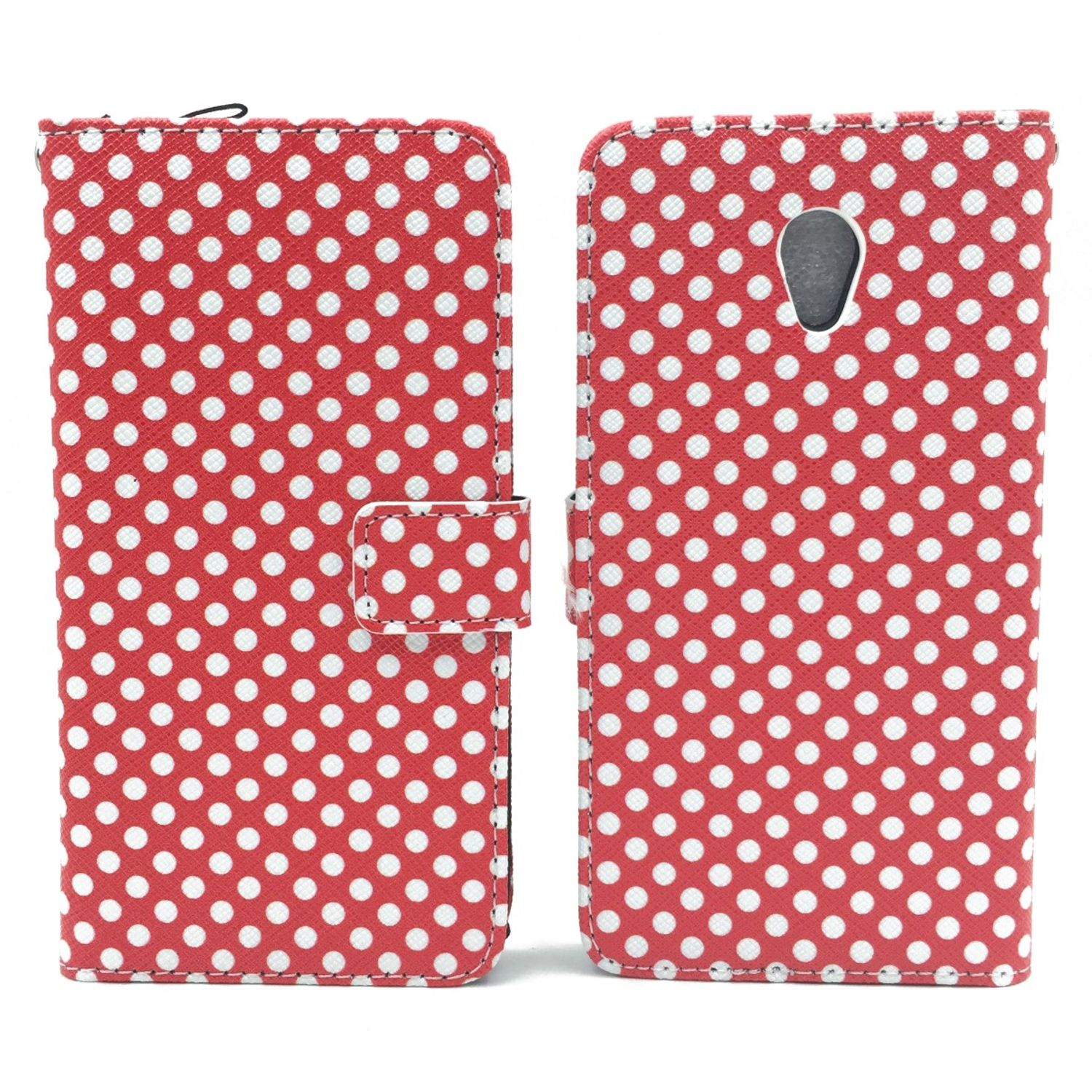 Rote Handyhülle mit weißen Polka Dots. Sie ist offen und zeigt zwei Seiten mit Punkten und einem Verschluss.