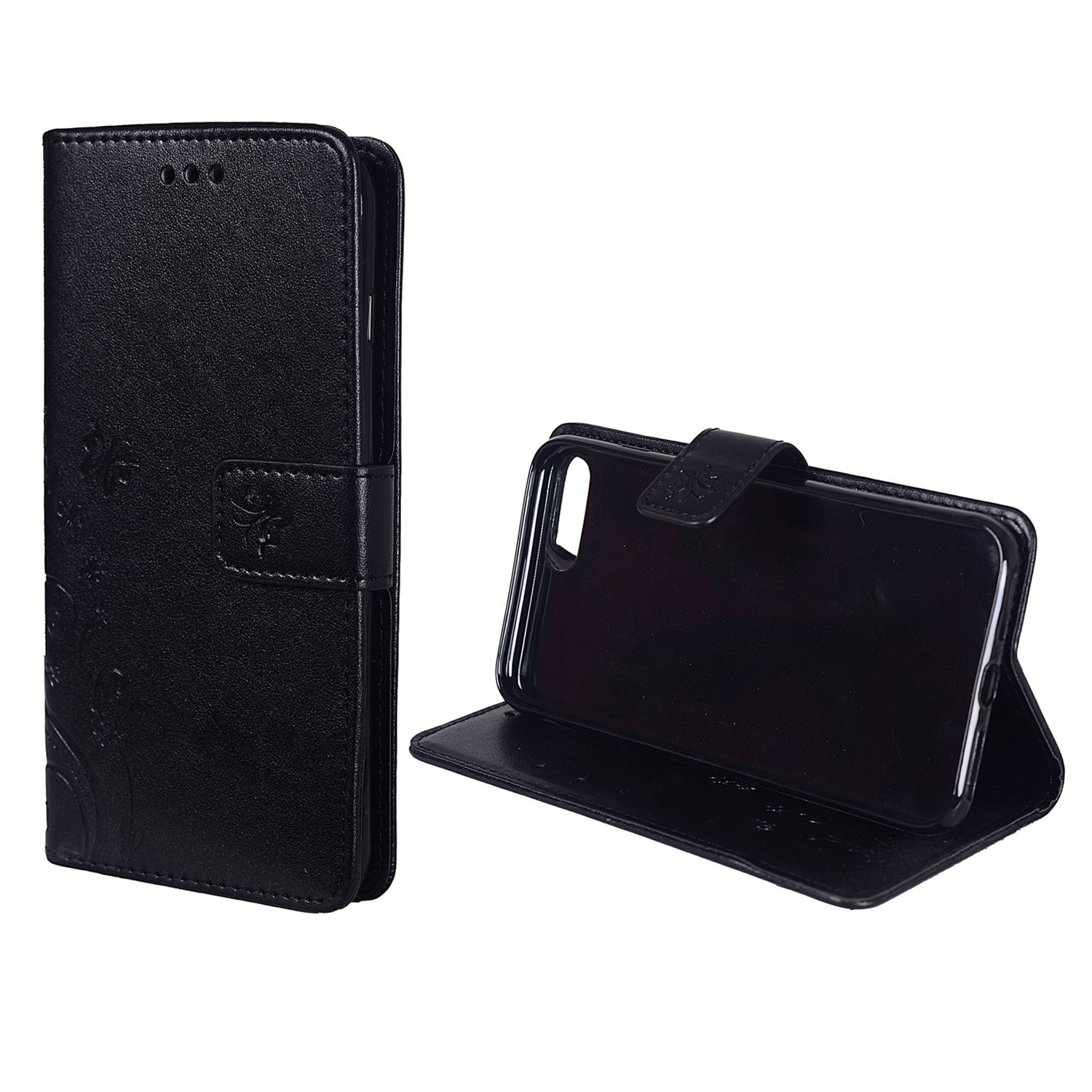 Schwarze Handyhülle, offen und geschlossen, mit floralem Design. Weißer Hintergrund.