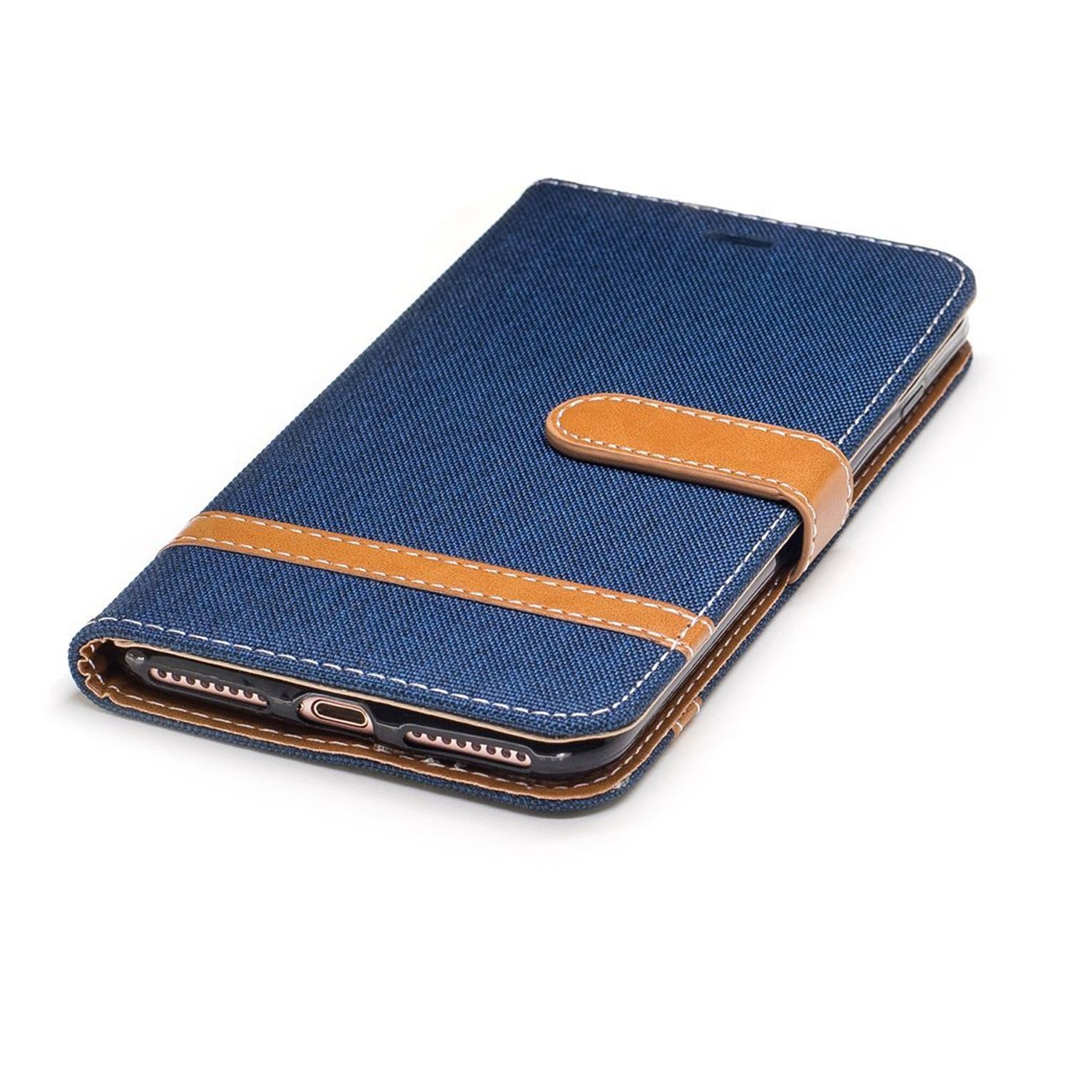 Blaue Jeans-Smartphone-Hülle mit braunem Riemen. Die Hülle ist geschlossen. Das Telefon ist darin.
