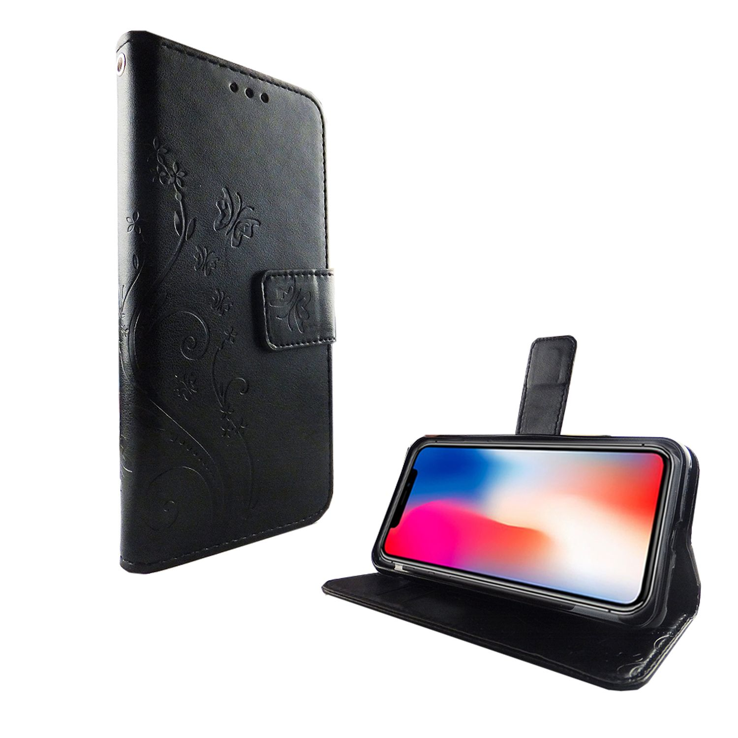 Schwarze Handyhülle mit Blumendesign. Telefon innen, Hülle offen.