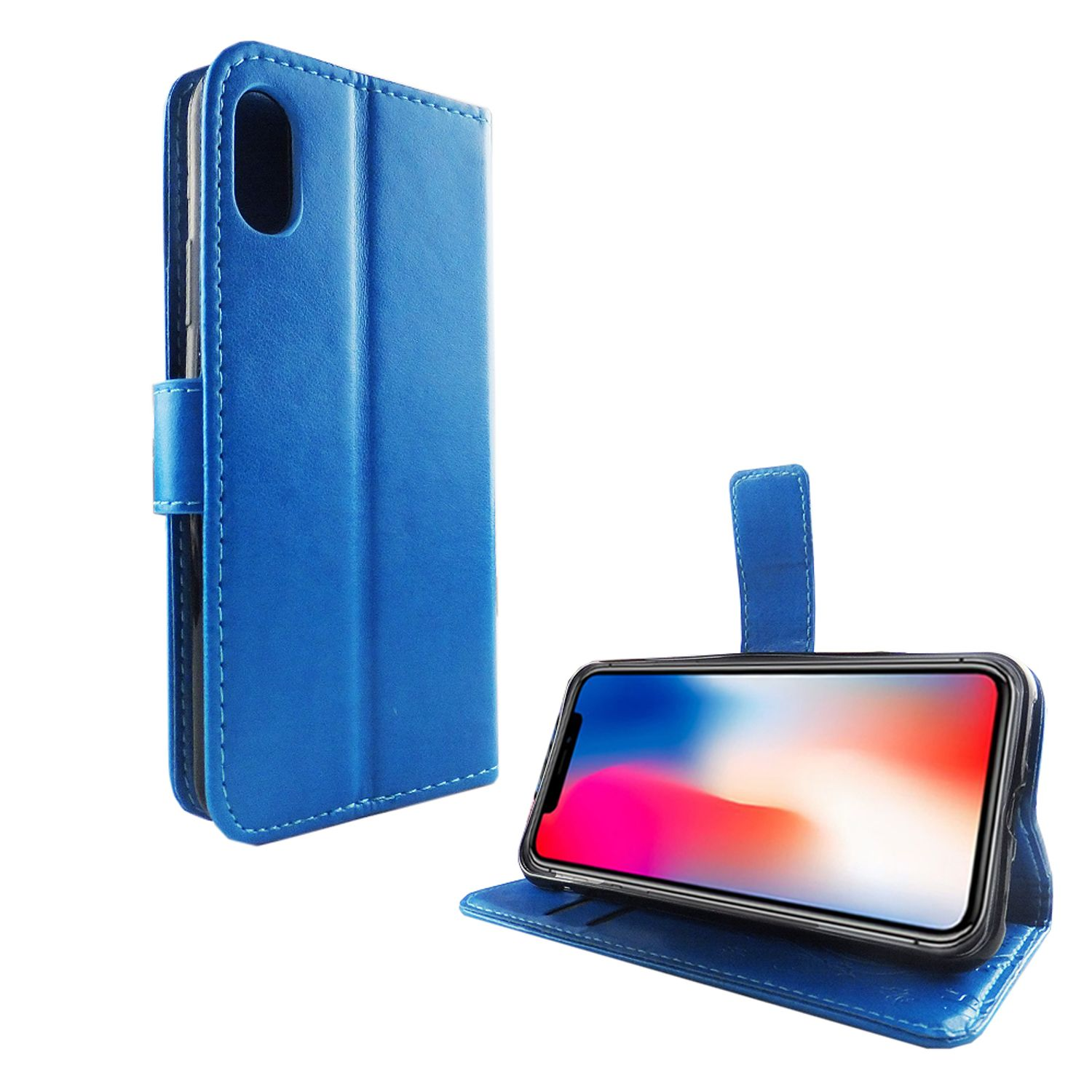Blaue Handyhülle mit Telefon. Weißer Hintergrund.