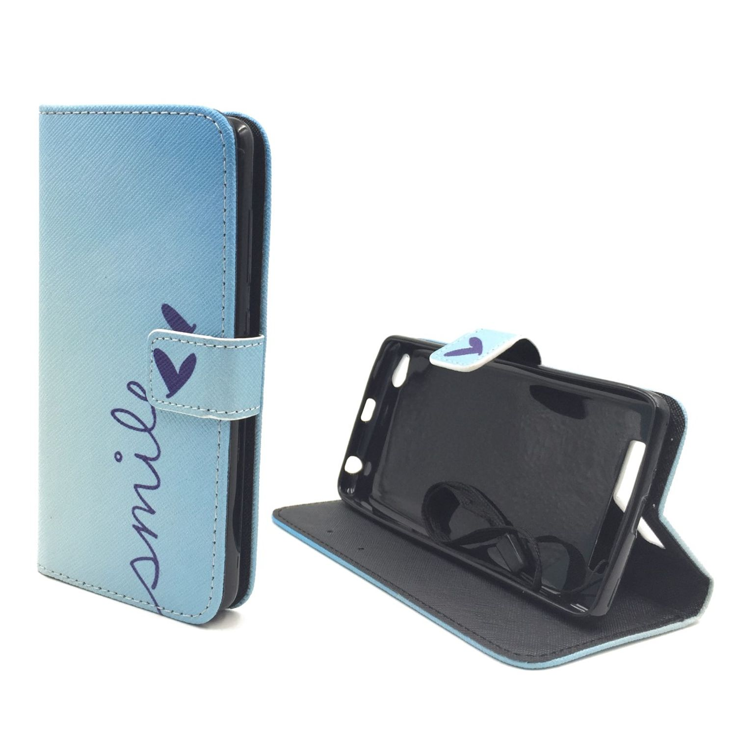 Blaue Handyhülle mit 'smile'-Text und Herz-Grafik. Geöffnete Hülle mit Handyhalter.