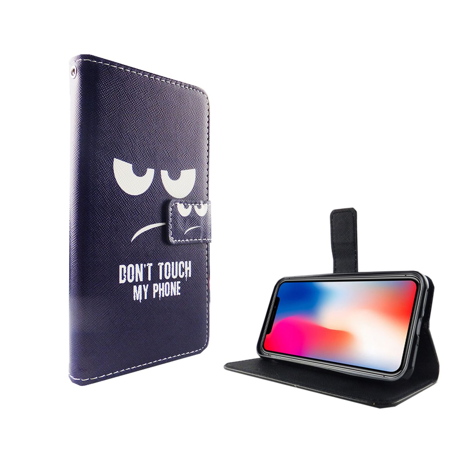 Eine marineblaue Handyhülle mit einem wütenden Gesichtsdesign und dem Text 'DON'T TOUCH MY PHONE'.