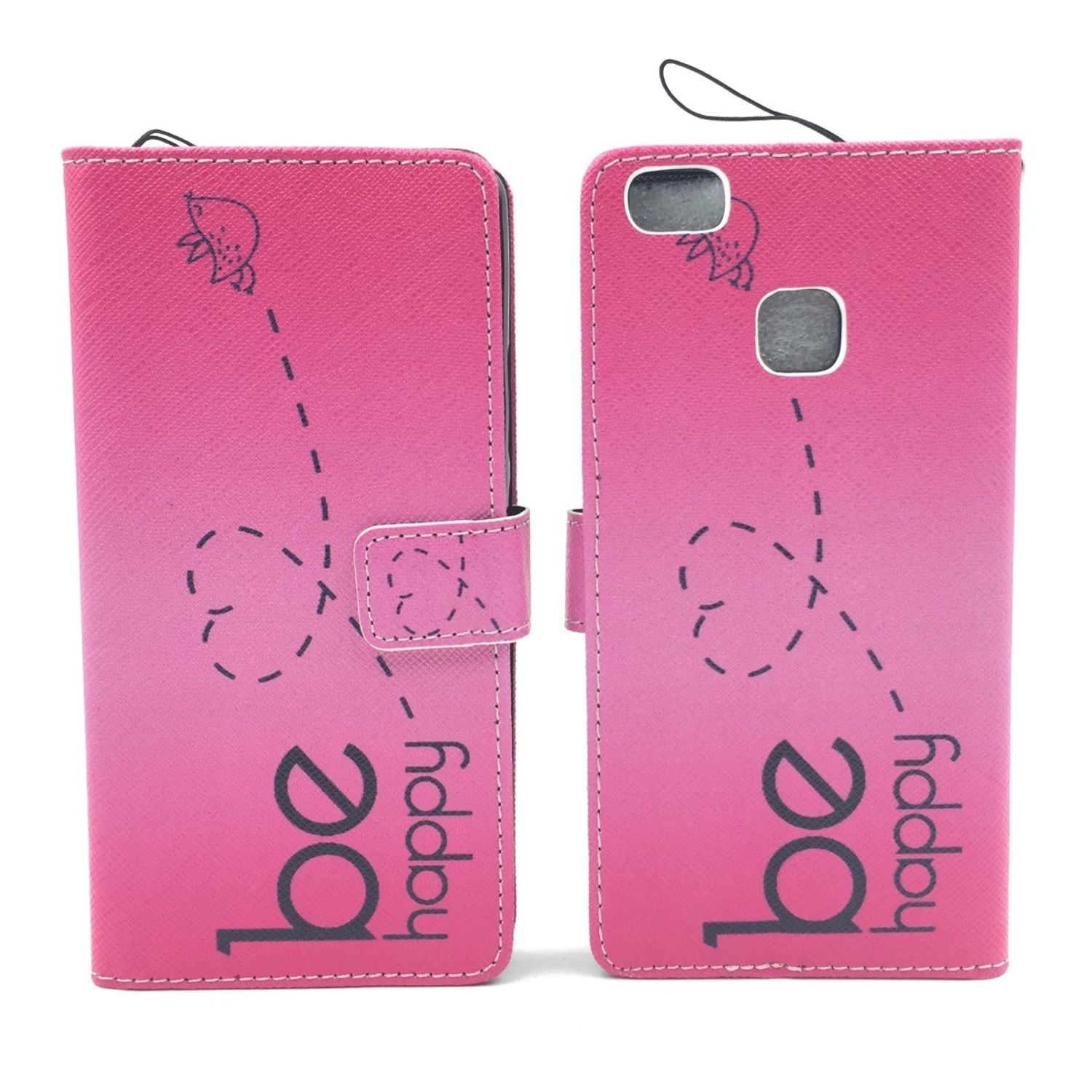 Geöffnete pinke Handyhülle mit 'be happy'-Text und Schmetterlingsdesign.