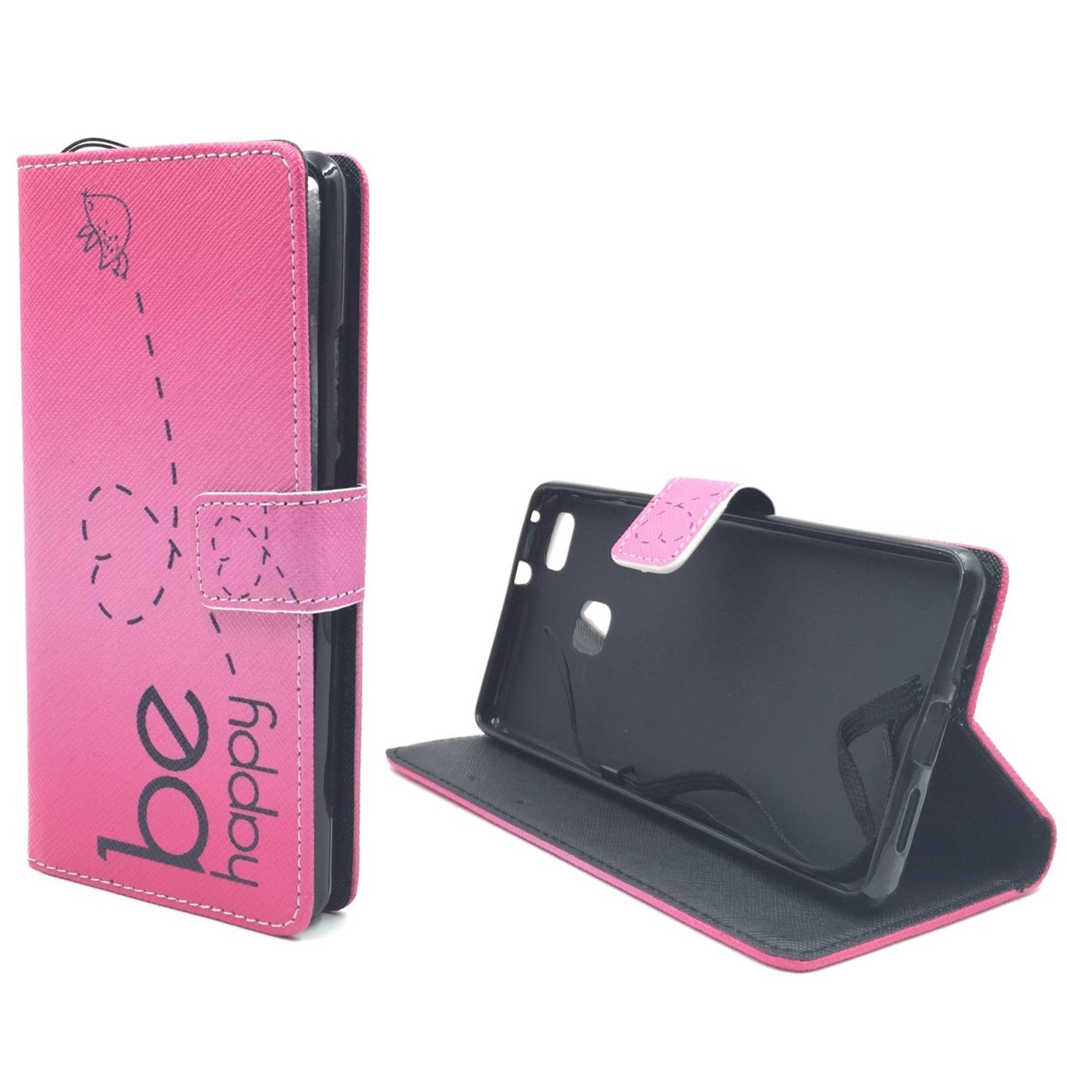 Pinke Handyhülle mit dem Schriftzug 'be happy'. Die Hülle ist geöffnet, mit einem Telefon darin.