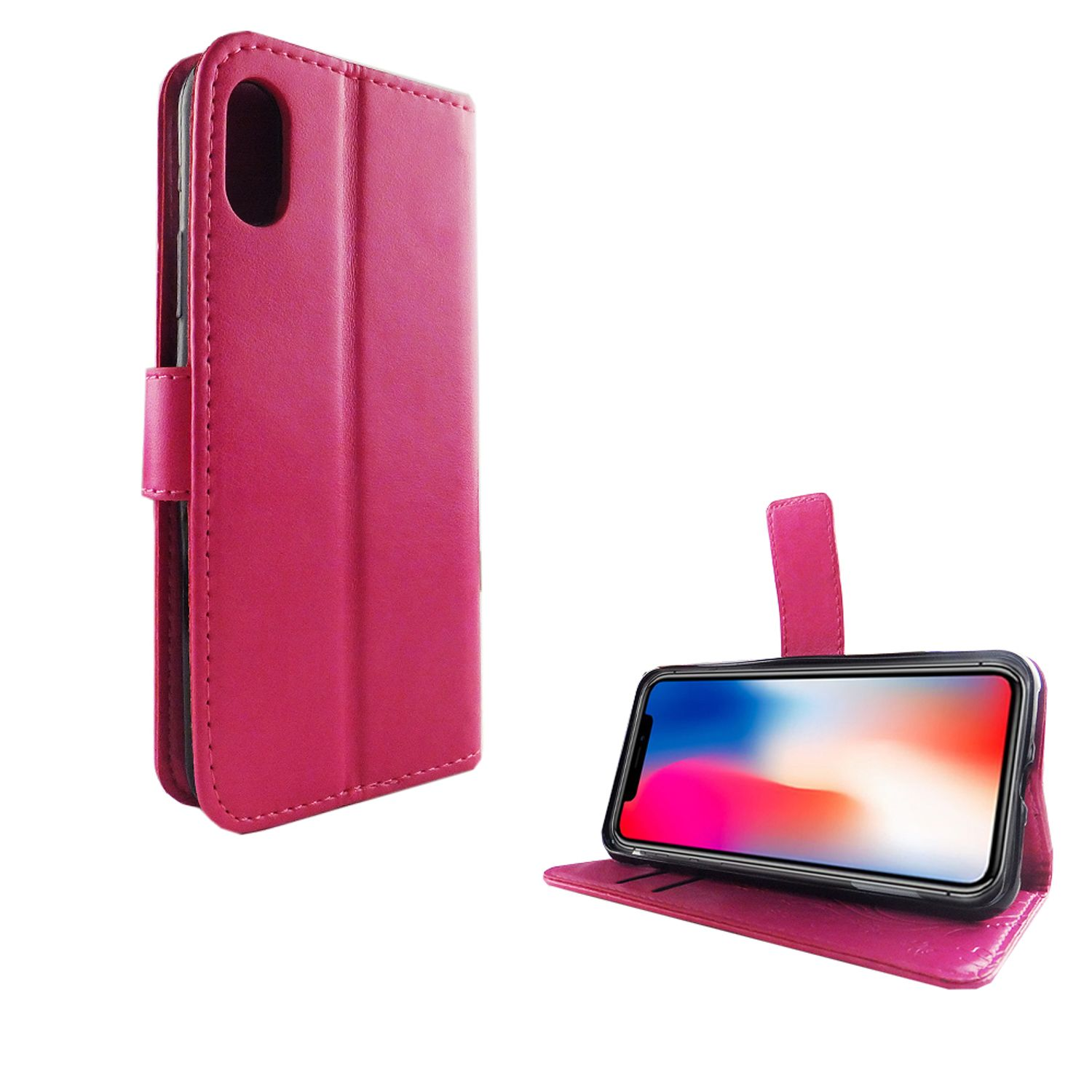 Rosa Handyhülle, geschlossen und offen, mit Handy mit buntem Bildschirm.