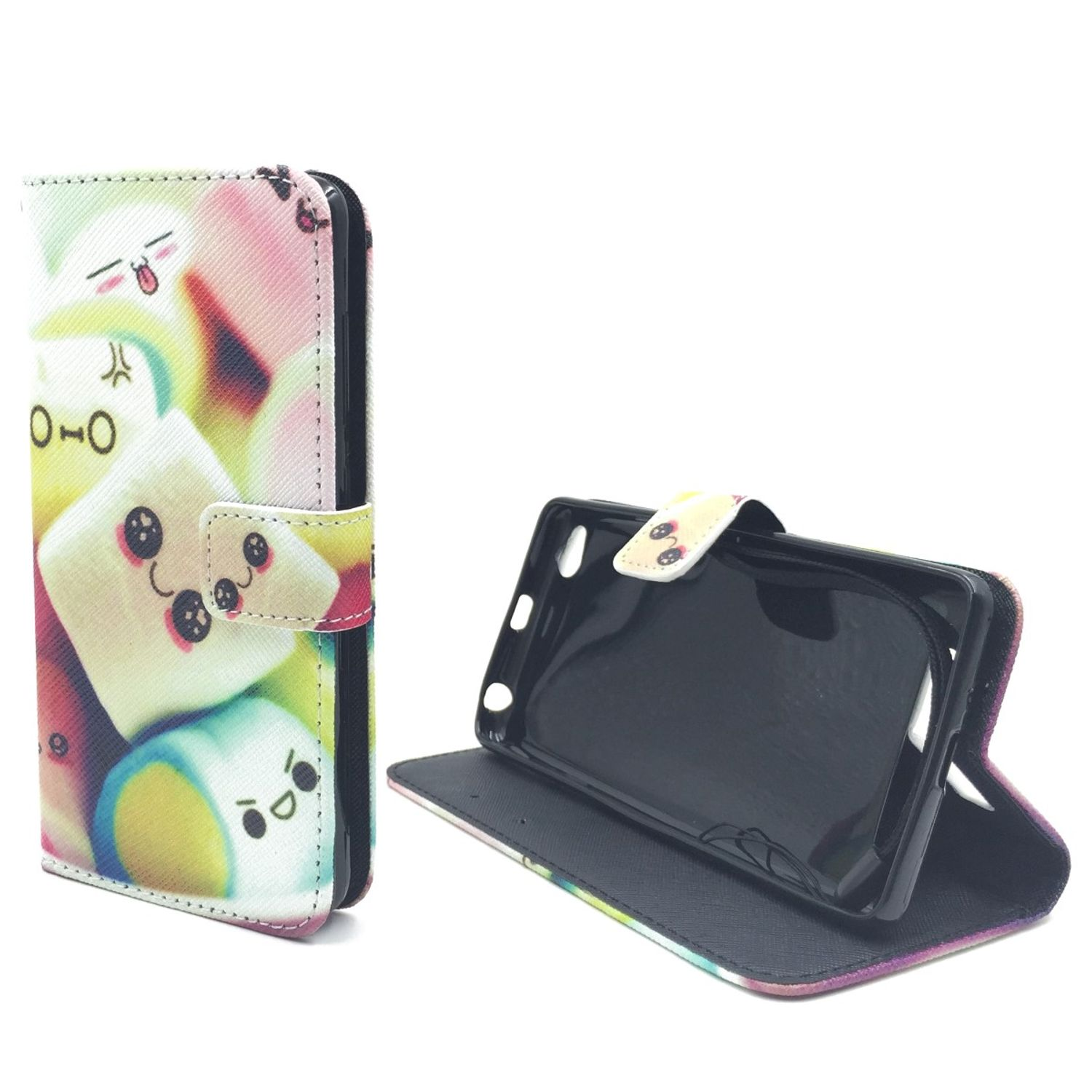 Eine bunte Handyhülle mit Marshmallow-ähnlichen Figuren. Die Hülle ist geöffnet und zeigt das Telefon im Inneren.