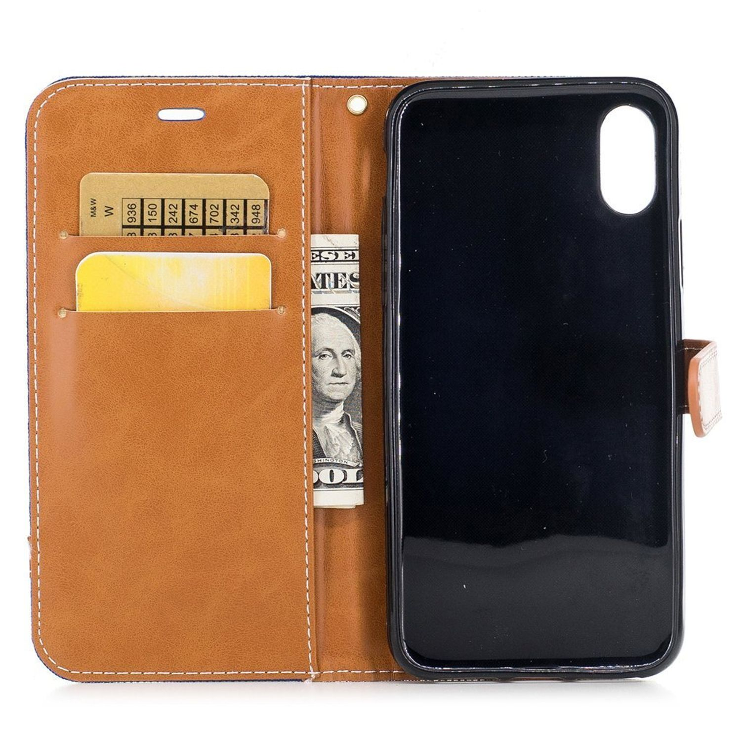 Geöffnete Handyhülle mit schwarzem Telefon, Karten und Dollarnote. Braune und schwarze Hülle.