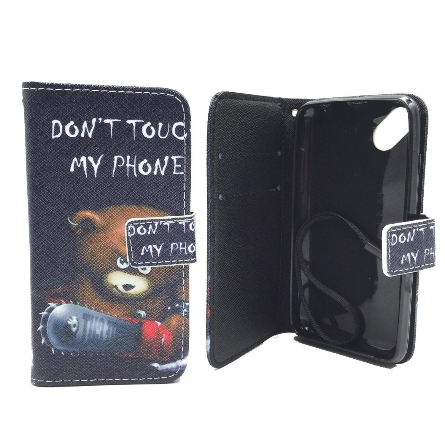 Schwarze Handyhülle mit Bär, der eine Kettensäge hält, mit 'Don't touch my phone'.