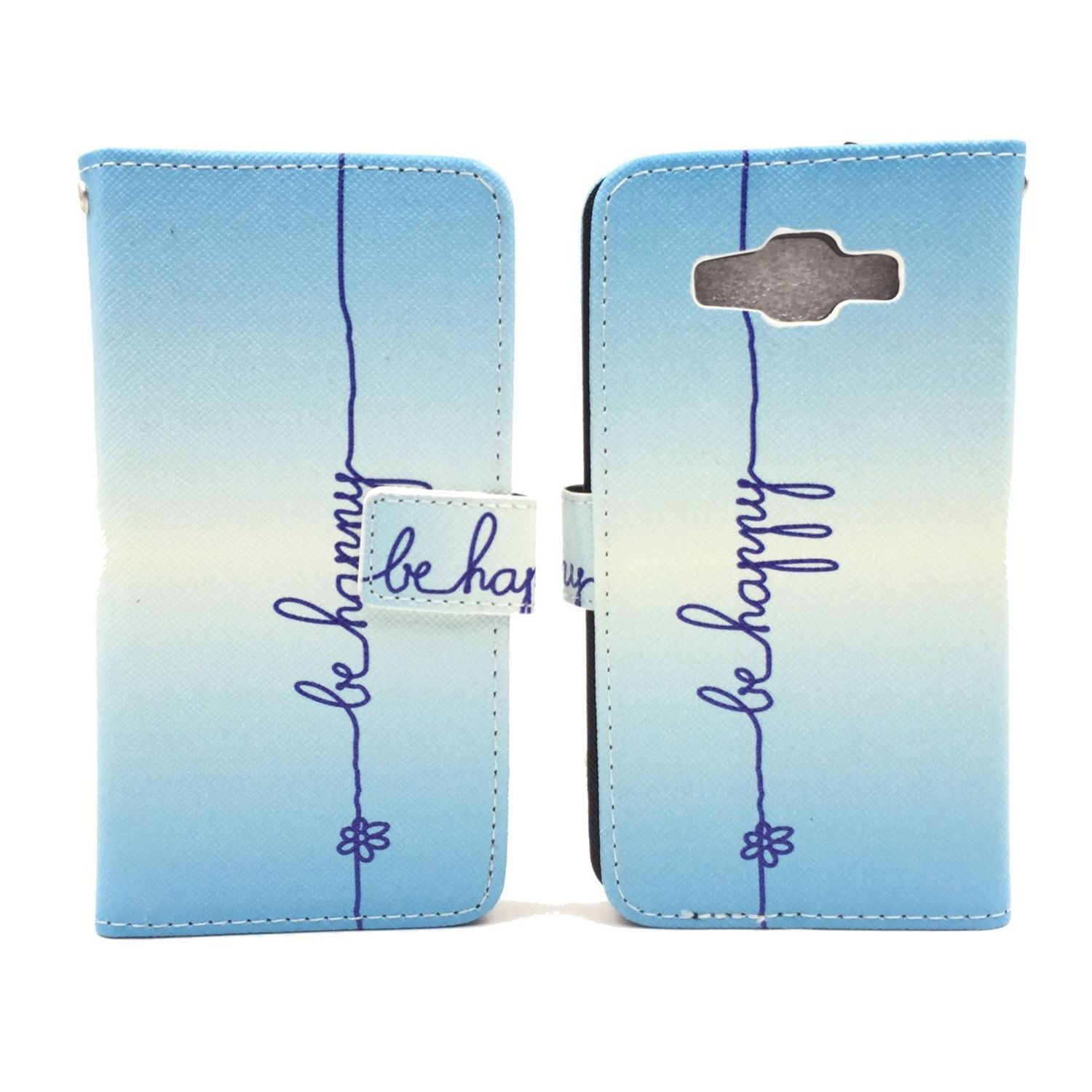 Offene Handyhülle mit blauem Farbverlauf und der Aufschrift "be happy". Die Hülle befindet sich auf weißem Hintergrund.