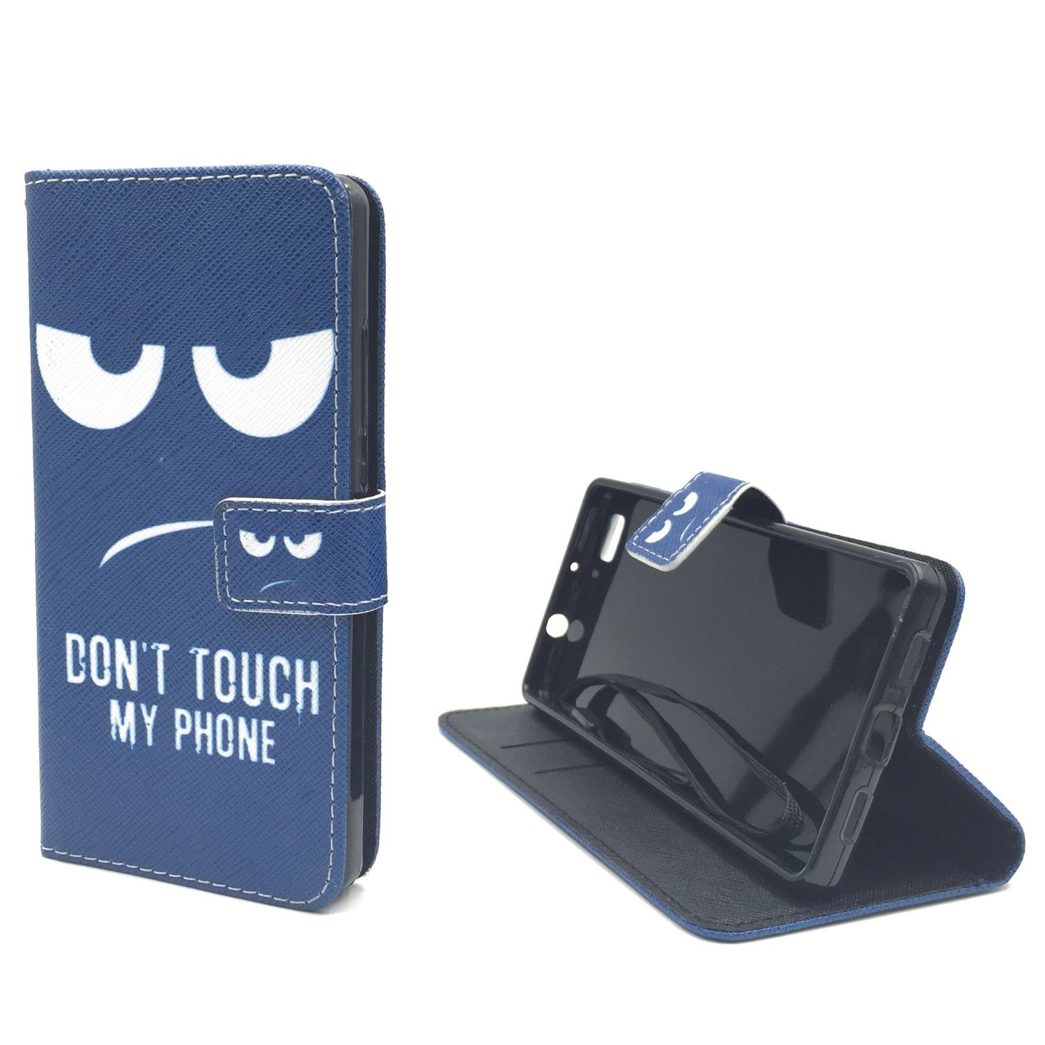 Blaue Handyhülle mit Gesicht und 'Don't Touch My Phone'. Schwarzes Telefon innen. Weißer Hintergrund.
