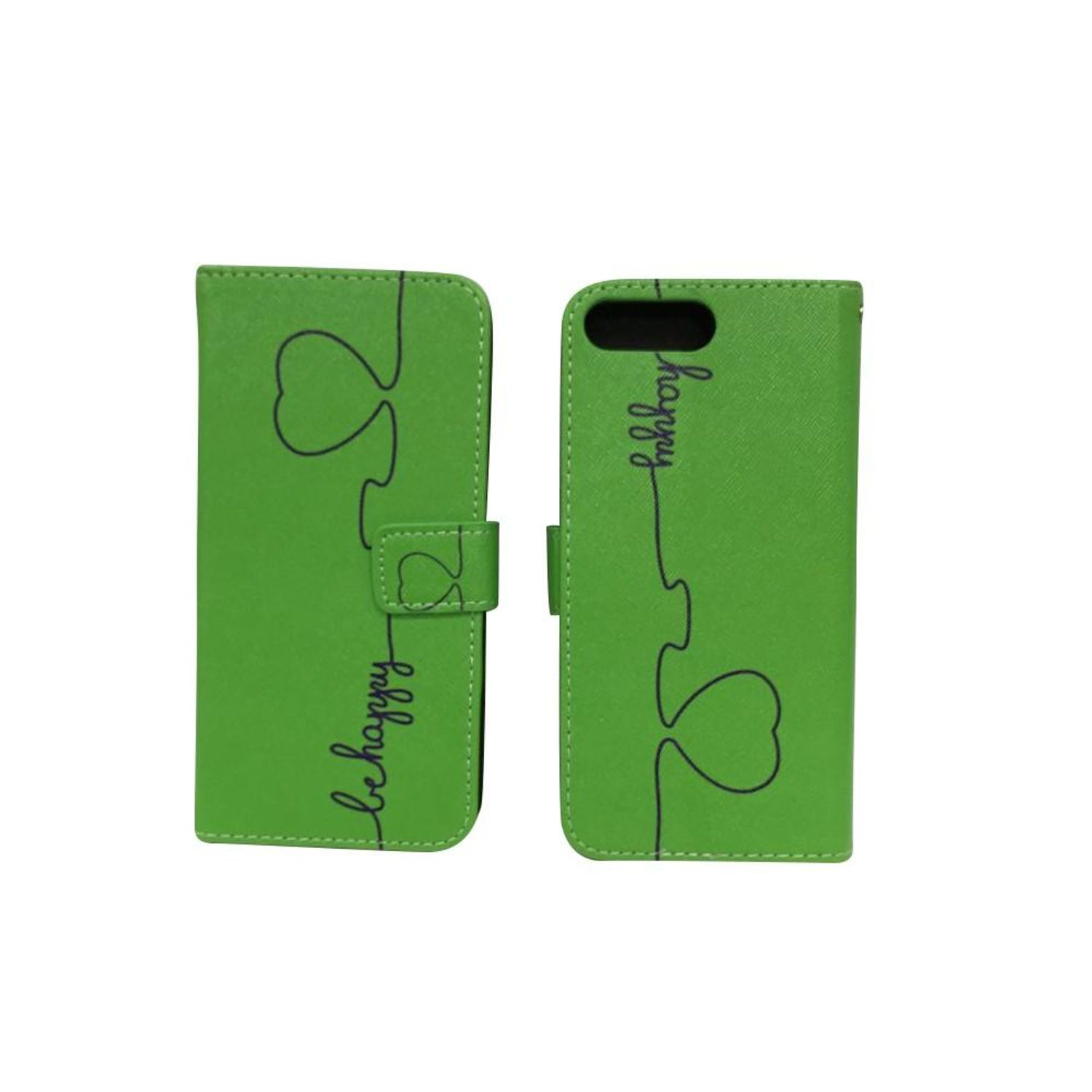 Eine grüne Handyhülle mit Herzen und den Worten 'be happy' und 'happy' in Schreibschrift.