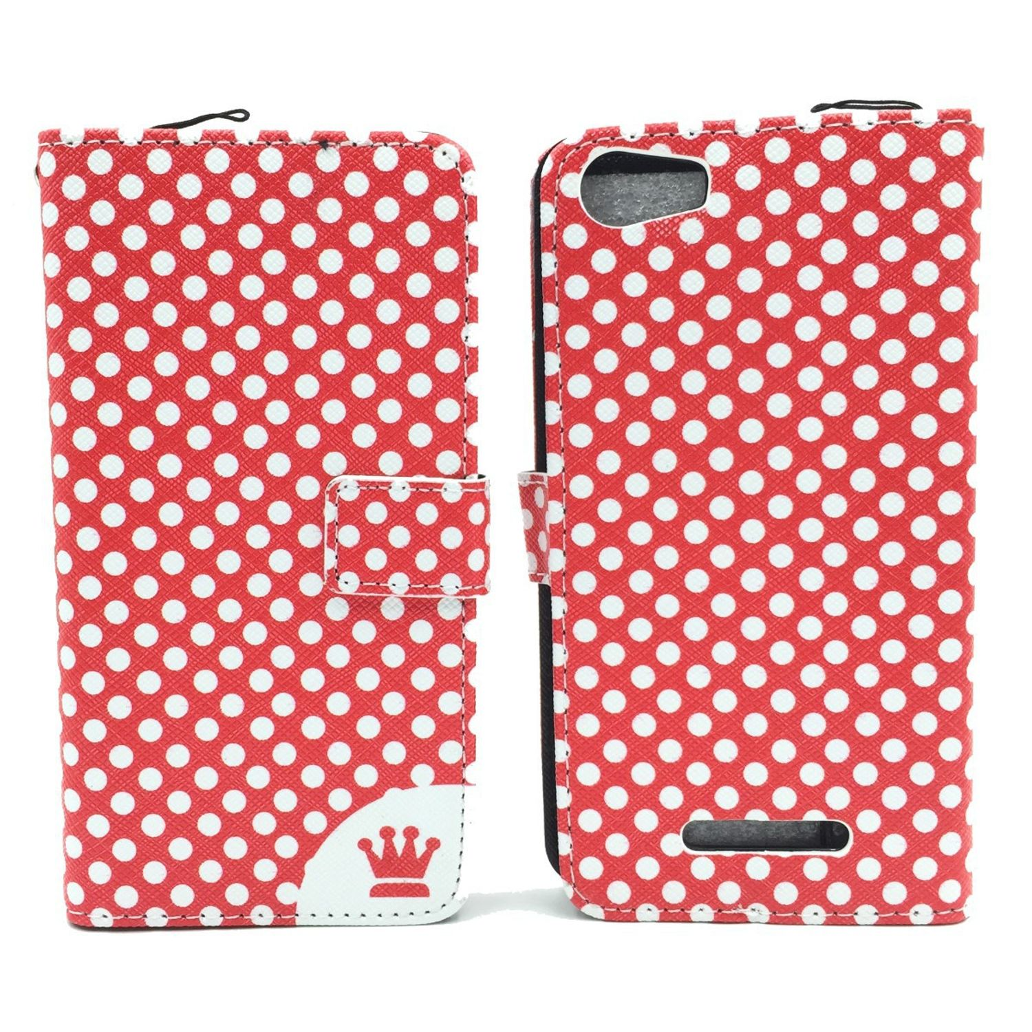 Rote und weiße Polka-Dot-Handyhülle, offen. Rote Punkte auf weißem Grund, mit Krone.